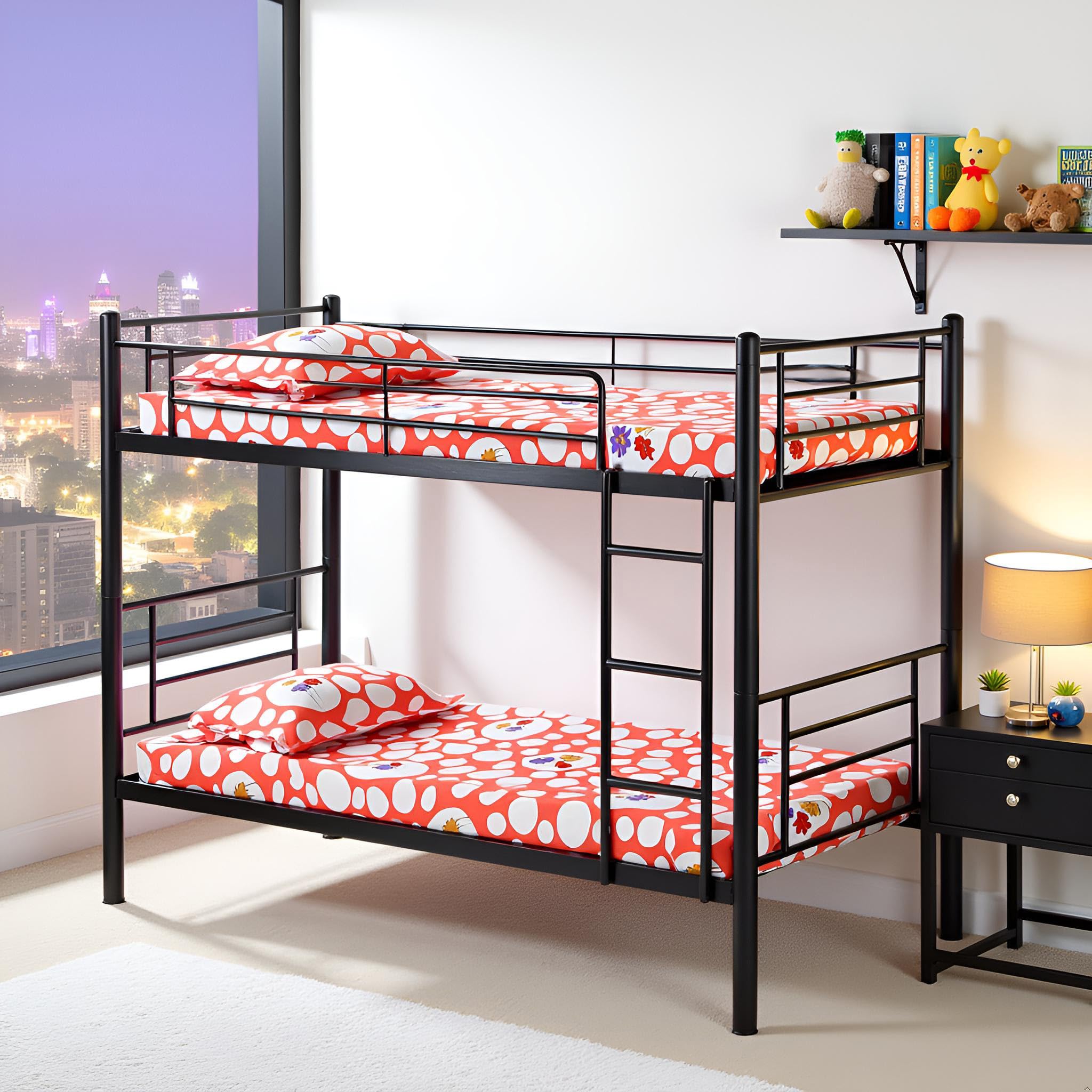 Spacecrafts® Convertible Bunker Cot 1+1 | Twin Metal Bunk Bed Frame with Ladder | Metal | Space-Saving Design | Sturdy Guardrails | Frame only | Mattress Not Included (Size: L:202, W:84, H:167 CM)