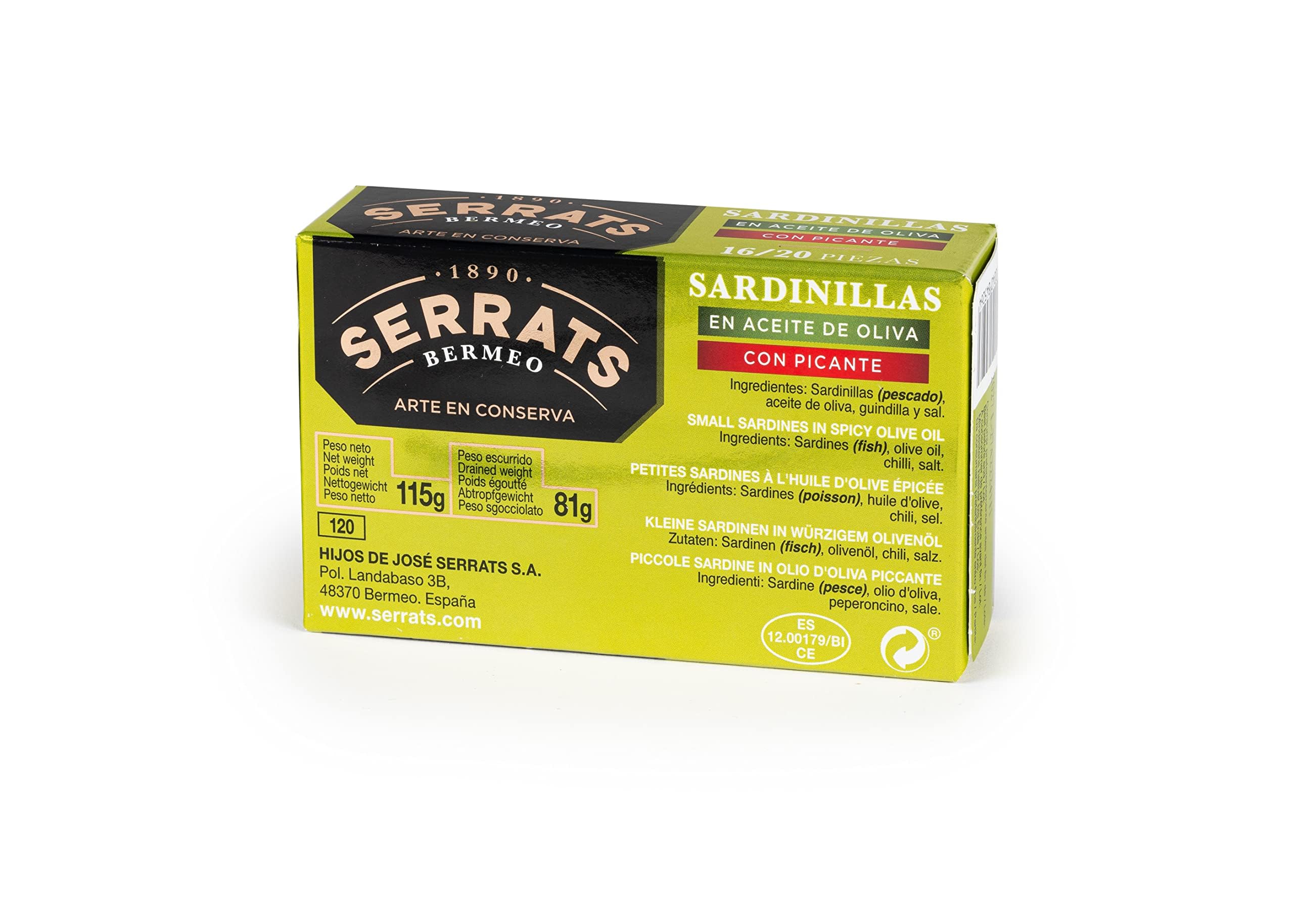 CONSERVAS SERRATS - Sardines Txikis à l'Huile d'Olive Vierge Piquante - 12 Boîtes x 115g (Total : 1380g) - Avec une Touche de Piquant Équilibré - Fabrication 100% Artisanale