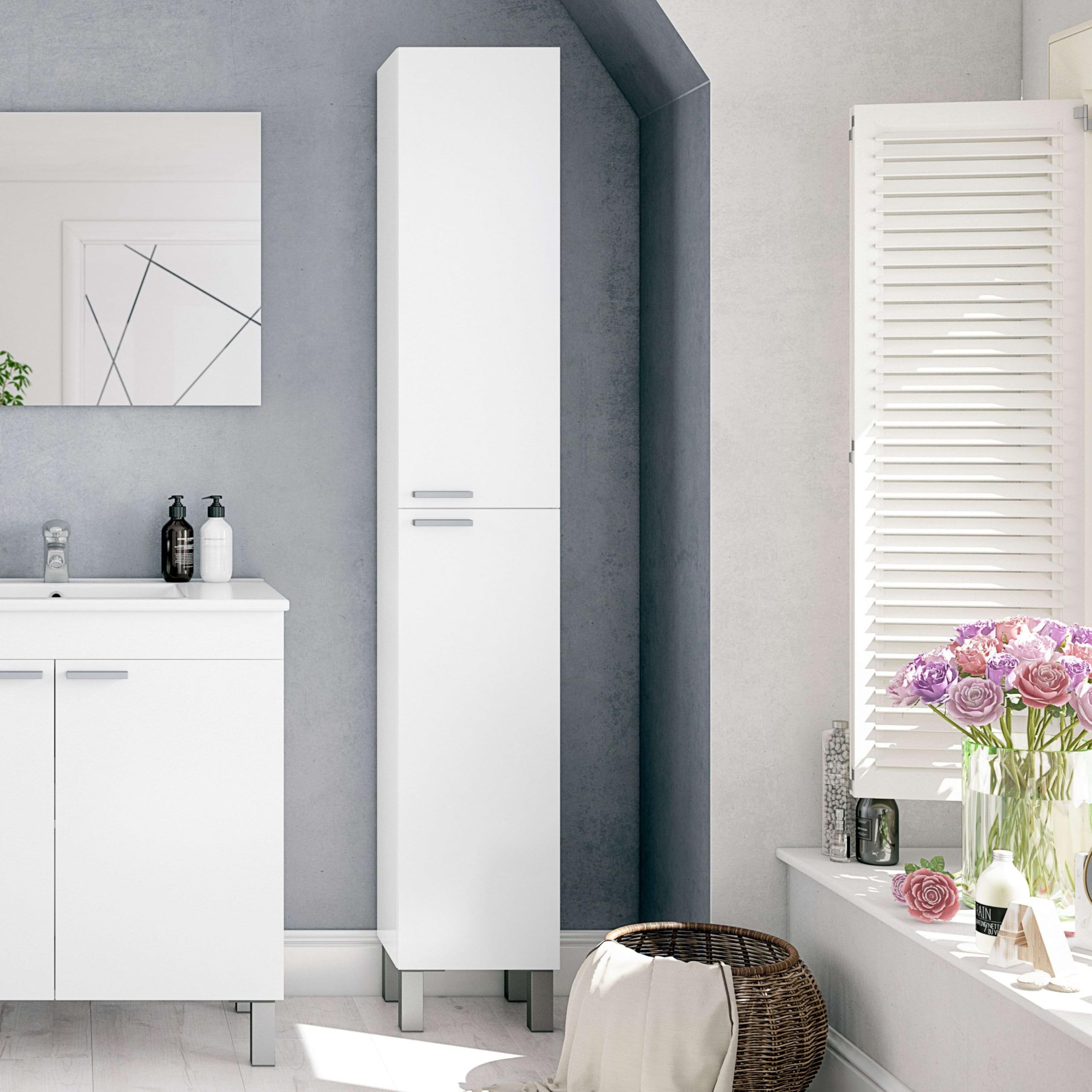 ARKITMOBEL– Columna de Baño Alta con 2 Puertas y 4 Patas, Mueble Auxiliar de Baño, Color Blanco Brillo, 30x182x25 cm – Modelo Koncept