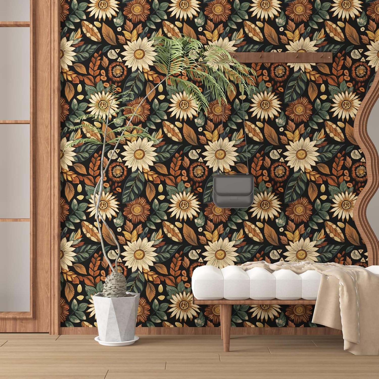 Vintage Boho Wallpaper Peel and Stick,Black Brown/Green Floral Contact Paper 17.5" x 393.7", Retro Flower Botanical Wall Paper Self Adhesive Removable Waterproof for Walls Shelves Cabinet Table Decor