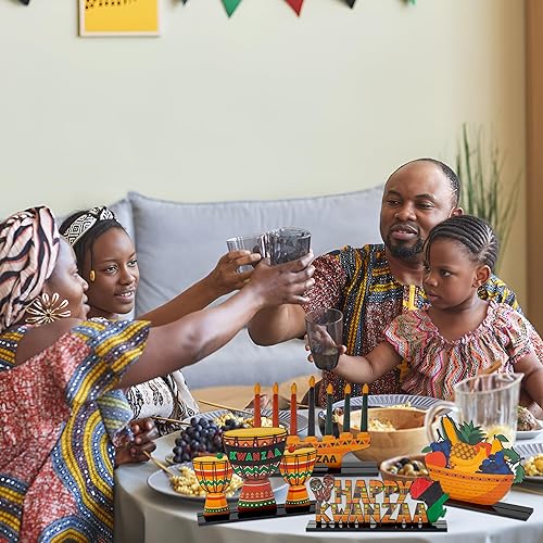 Miniatura 5 de B1ykin 4 piezas de decoración de mesa de madera Happy Kwanzaa, Kwanzaa Kinara tambor africano fruta extraíble madera extraíble, decoración navideña