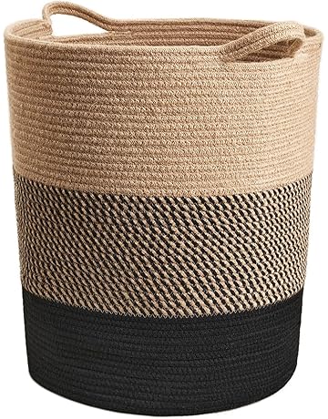 ALISHA HOME Large Jute Rope Basket - Laundry Basket Hamper for Dirty Clothes Woven Jute Storage Basket for Blanket in Living Room Toy Basket for Nursery Storage (12 x15 inch. (Beige Mix) large)