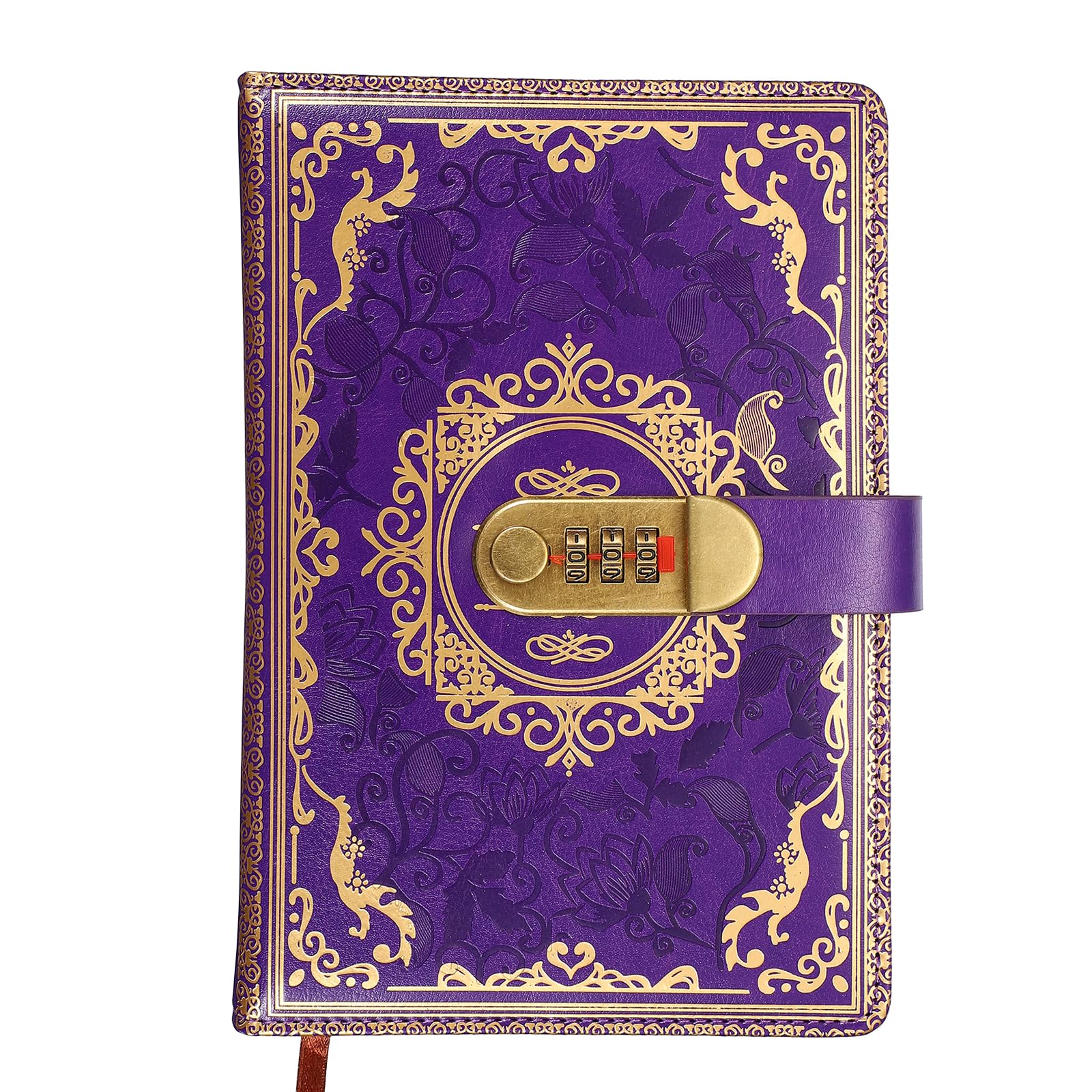 PATIKIL Vintage Leather Journal Notebook with Combination Lock, A5 Diary with Lock, 100 Sheets Lined Password NoteBook Pen Holder & Card Slot Floral Design for Home Office Travel, Purple