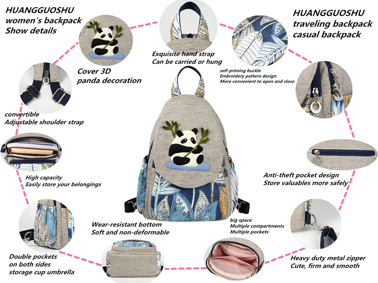 Womens Boho Cotton Hemp Cloth Backpack Boho Vintage Embroidered Casual Purse - Image 4