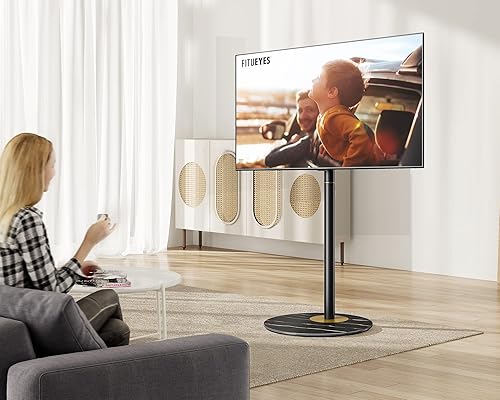 Miniatura 3 de FITUEYES Soporte de TV esquinero de diseño para 32 a 65 pulgadas, moderno soporte de TV negro de mediados de siglo con base de vidrio texturizado de