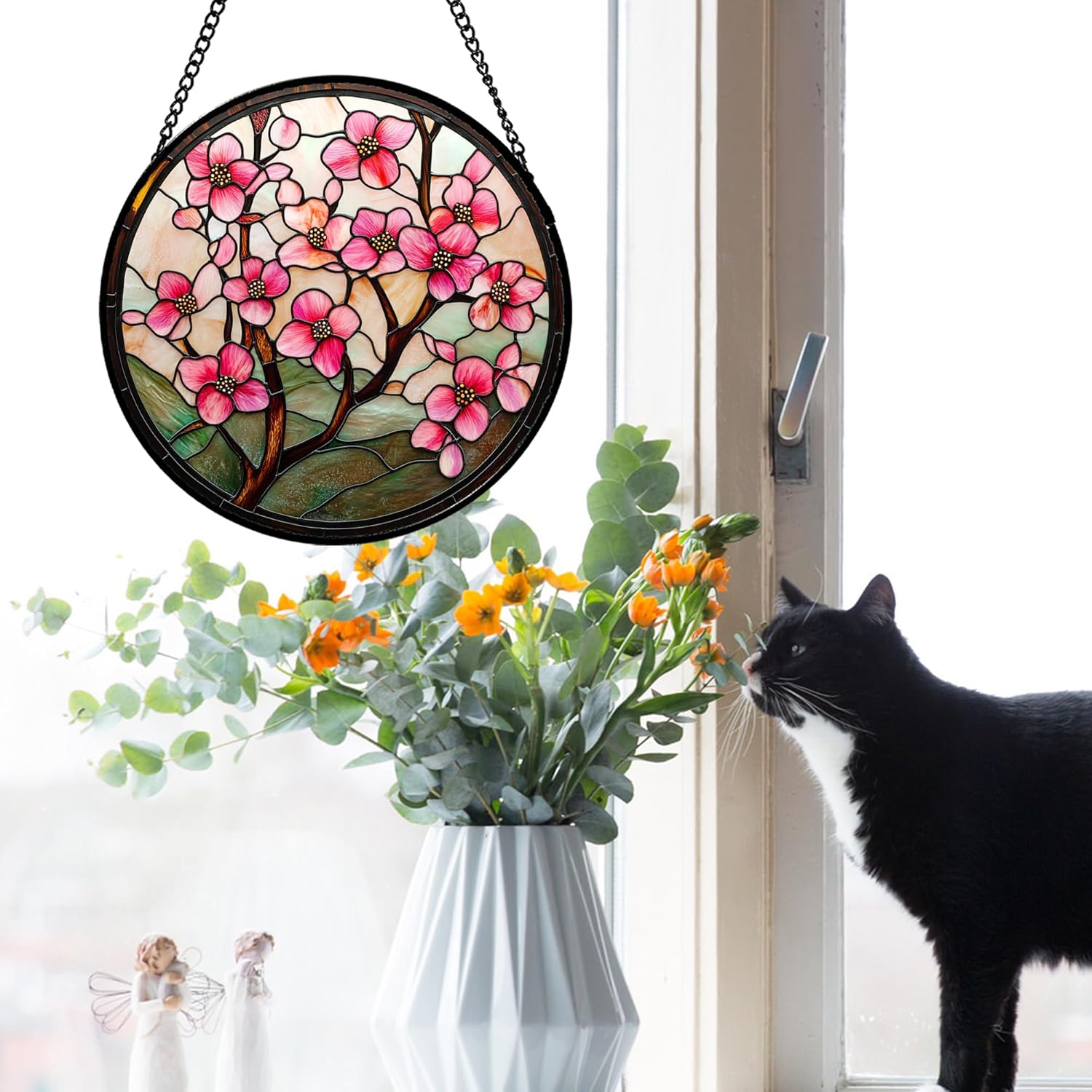 Stained Glass Window Hanging - Pink Cherry Blossoms Flower Suncatcher for Door Garden Yard Sun Catchers Decor Christmas Mother's Day Birthday Gifts for Teacher Women Mom Nana Wife 15 in