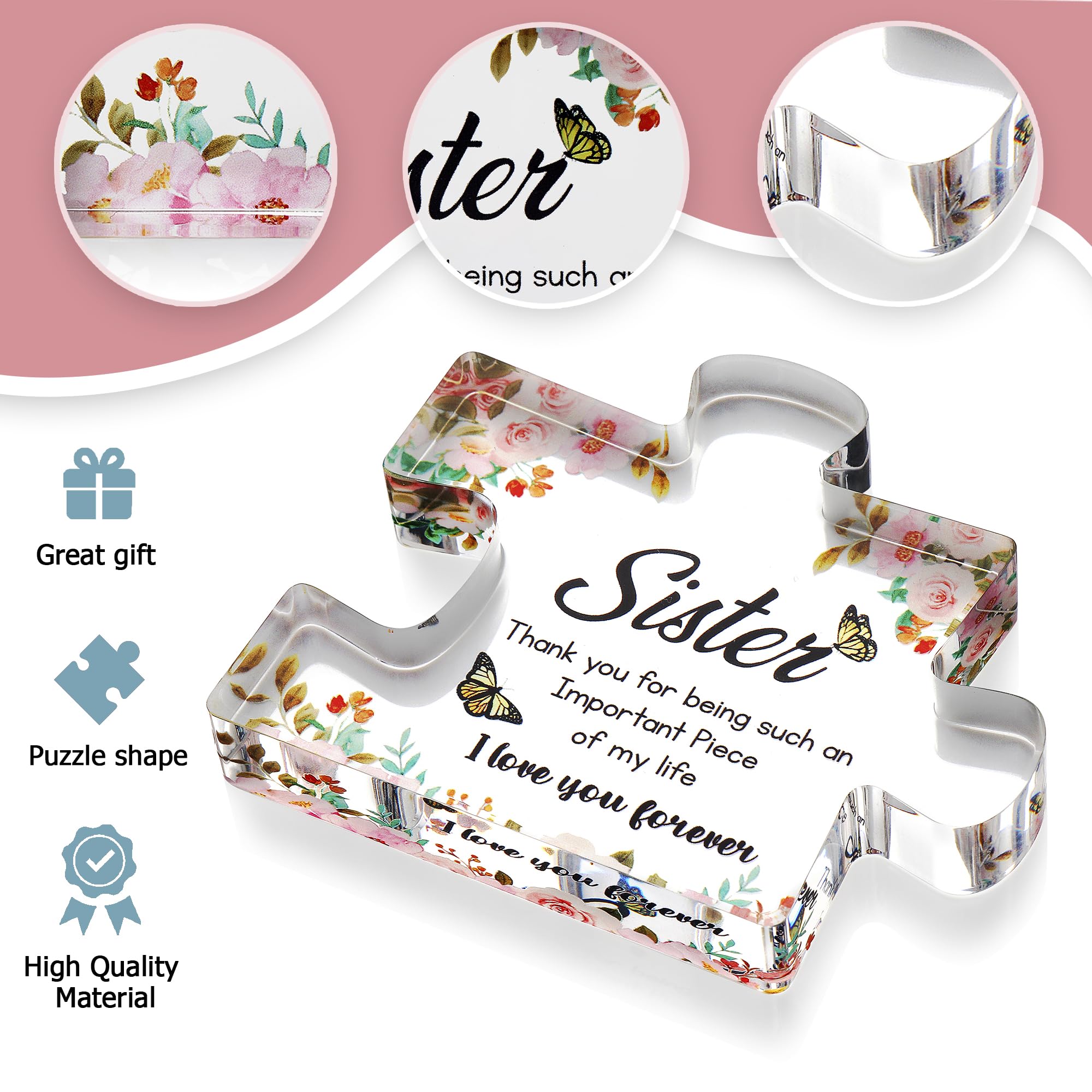 VELENTI Gifts for Mothers Day - Sister Engraved Acrylic Puzzle Piece with Heartfelt Message - Perfect Sister Birthday, Thanksgiving, Paperweights - Cute Decoration for Home, Office