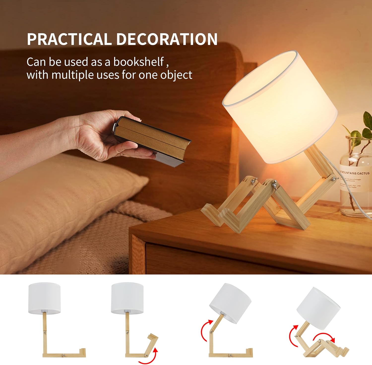 Industrial Cute Table Lamp with Wood Base - White Farbic Shade Searchlight Standing Desk Lamp - Nautical Spotlight Reading Robot Desk Light Decoration for Living Room, Kids Bedroom