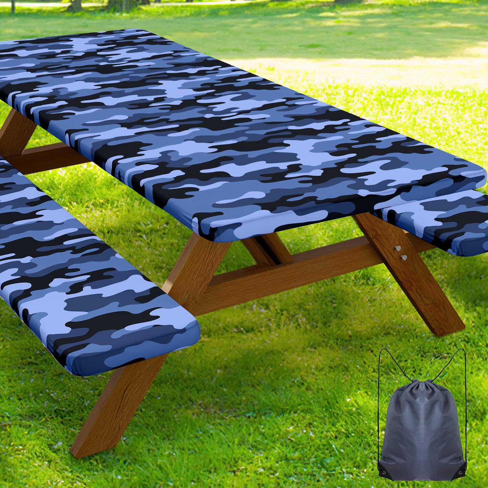 Smiry Picnic Table Cover with Bench Covers, Waterproof Elastic Fitted Tablecloth for 6 Foot Tables, Washable Polyester Camo Tablecloths for Camping &amp; Patriotic Decor (Ocean Blue, 30x72 Inch 3-pc Set)