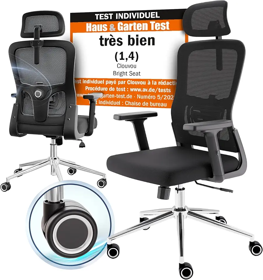 CLOUVOU Chaise Bureau Ergonomique BrightSeat [Élue N°1] Fauteuil de Bureau & Chaise Gaming | Charge maximale 150kg (Noir)