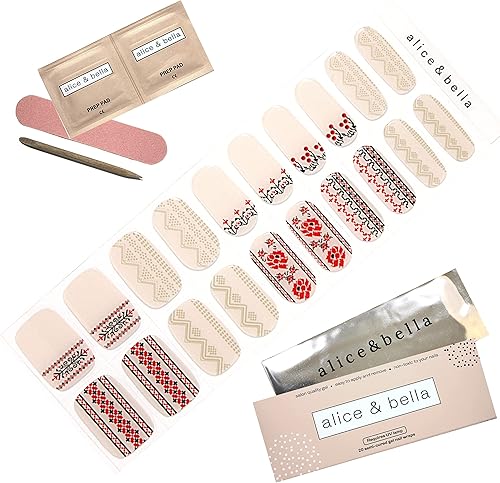 Miniatura 6 de Alice & Bella Kvitka - Tiras de uñas de gel semicuradas - Base blanca lechosa roja y negra cosida a mano, calcomanías de arte popular UV para