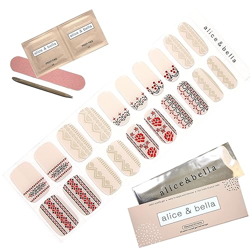 Miniatura 6 de Alice & Bella Kvitka - Tiras de uñas de gel semicuradas - Base blanca lechosa roja y negra cosida a mano, calcomanías de arte popular UV para