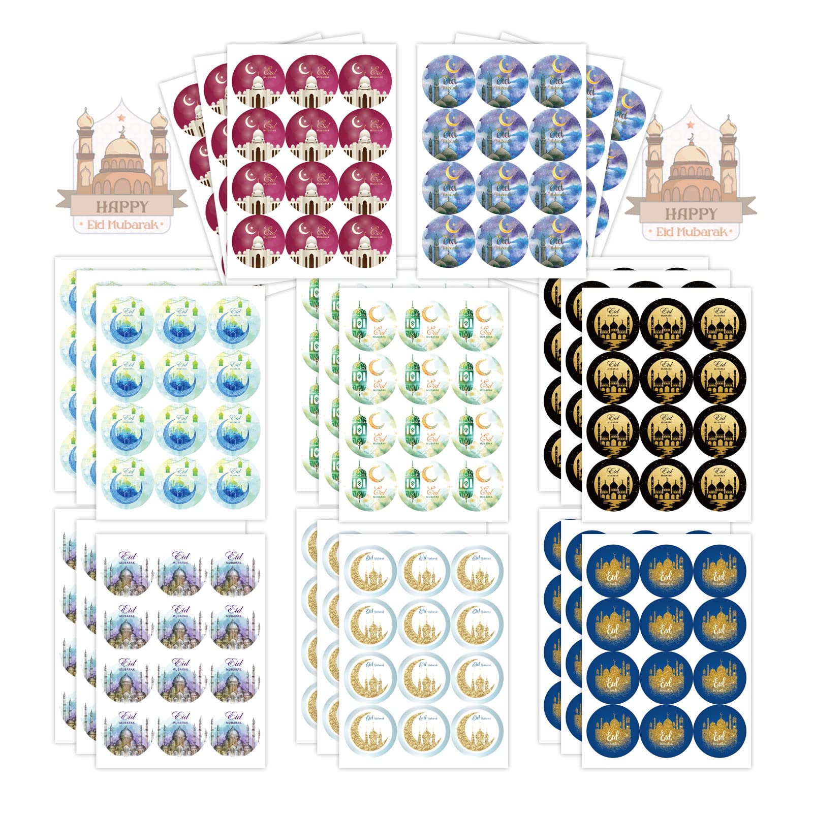 192PCS Eid Al Adha Stickers, Ramadan Stickers Eid Mubarak Stickers Ramadan Kareem Labels for Eid Al Fitr Adha Theme Religion Sticker,Islamic Muslim Decoration Ramadan Decoration Supplies