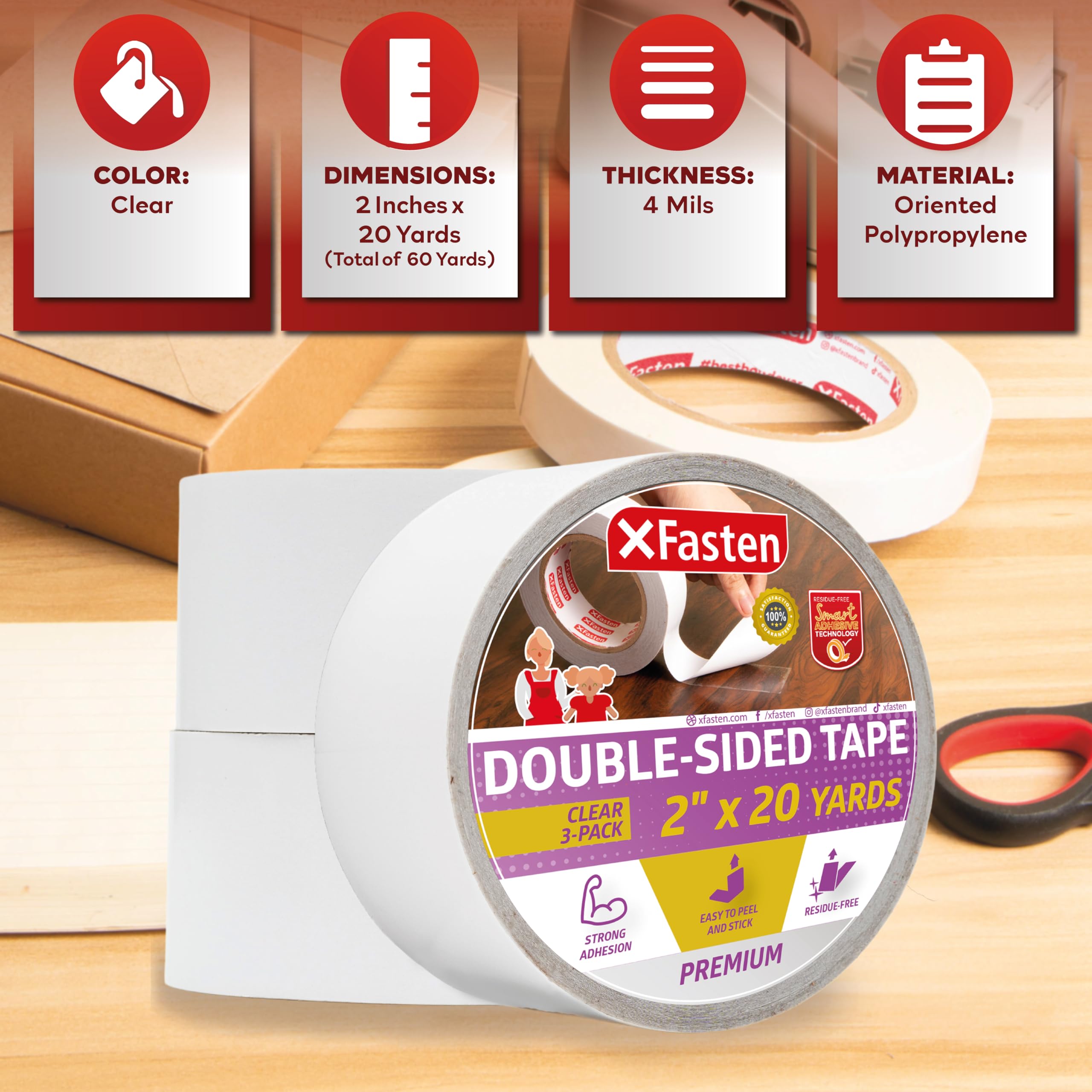 XFasten Removable Double Sided Tape Clear 2 inch x 20 Yards (Pack of 3, 180 Feet Total) Transparent Residue-Free Clear Double Sided Tape Heavy Duty for Crafts, Wall, Fabric, Dress, and Carpet