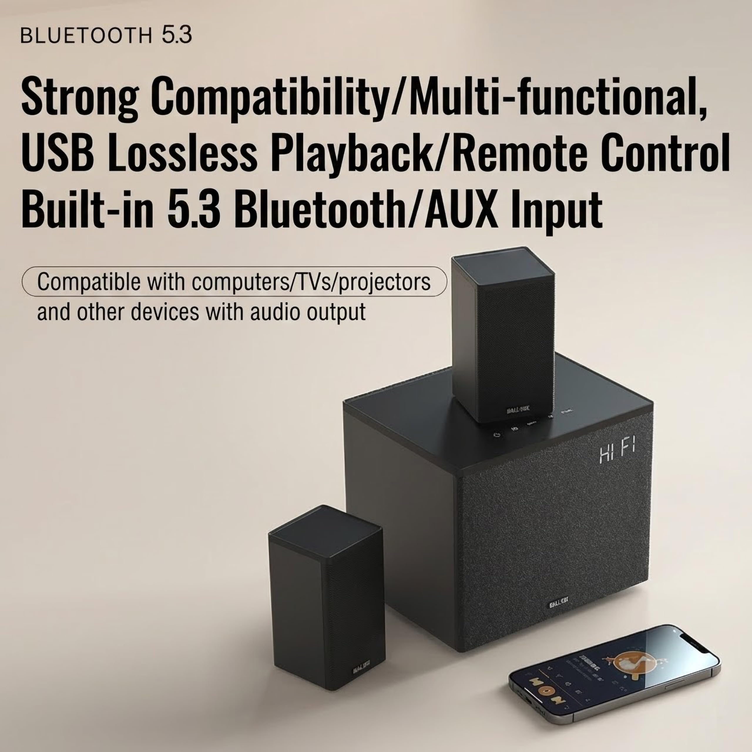 Altoparlanti per computer 2.1 da scrivania, 40 W RMS, Bluetooth 5.3, con subwoofer, cabinet in legno, Hi-Fi Bass, ingressi USB e AUX