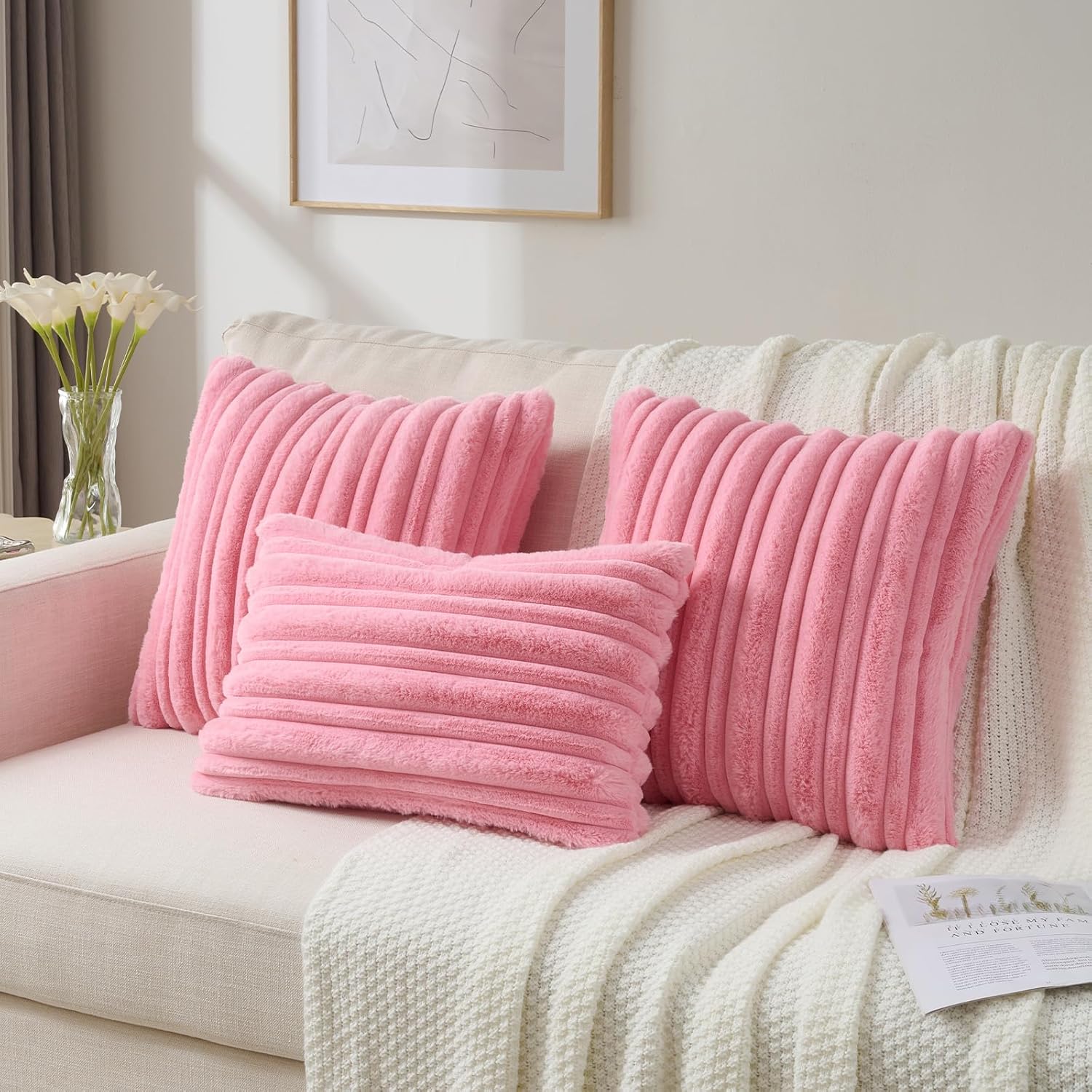 FUTEI Pack of 2 Faux Rabbit Fur Throw Pillow Covers 18x18 Inch Soft Fluffy Thick & Thin Striped Textured Decorative Cushion Case Modern Farmhouse Accent for Couch Bed Living Room, Bright Pink
