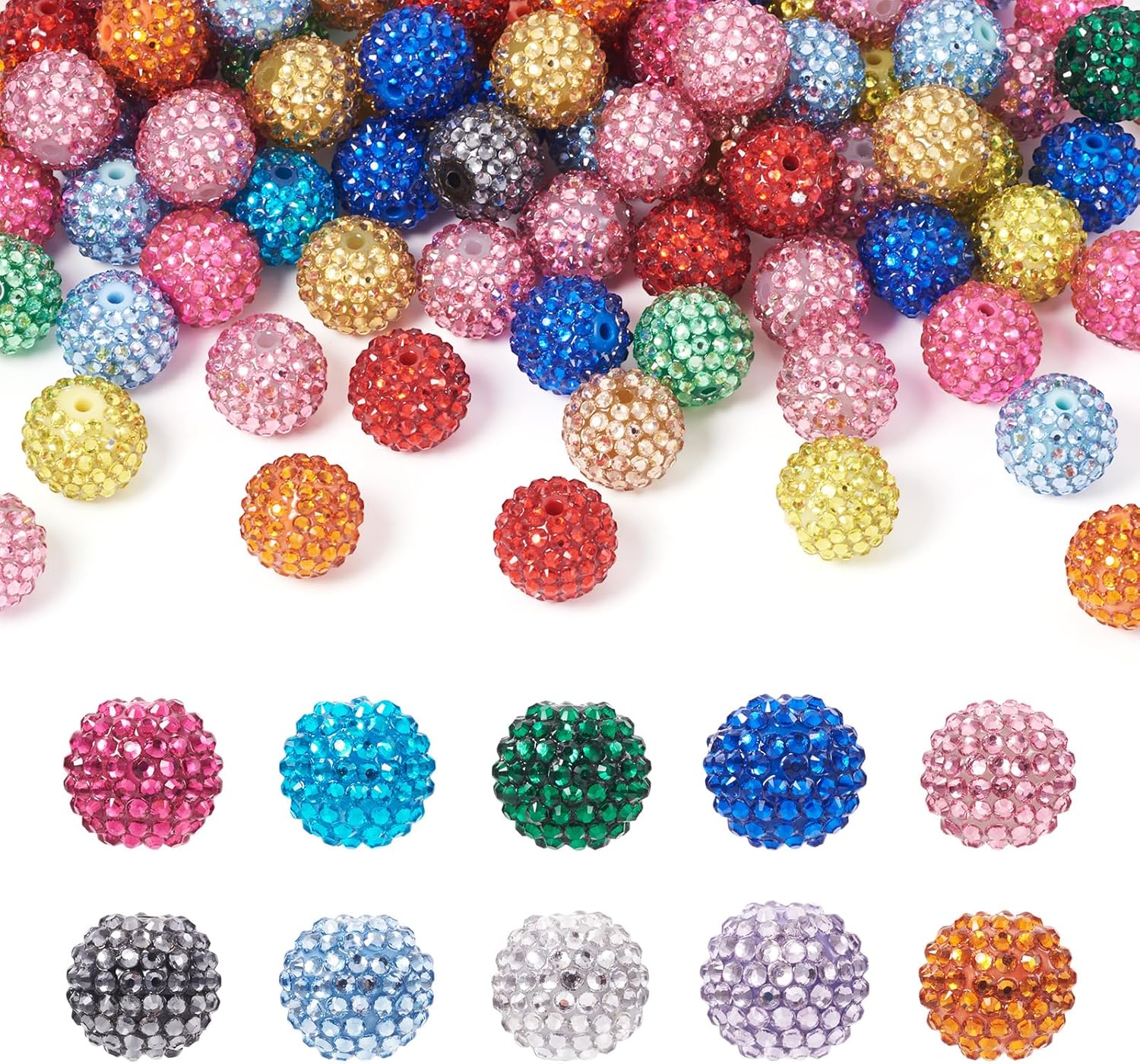 Cheriswelry 100pcs 20mm Pave Disco Ball Beads Resin Rhinestone Round Chunky Loose Spacer Beads Charms Mixed Color for Jewelry Making European Style Bracelets