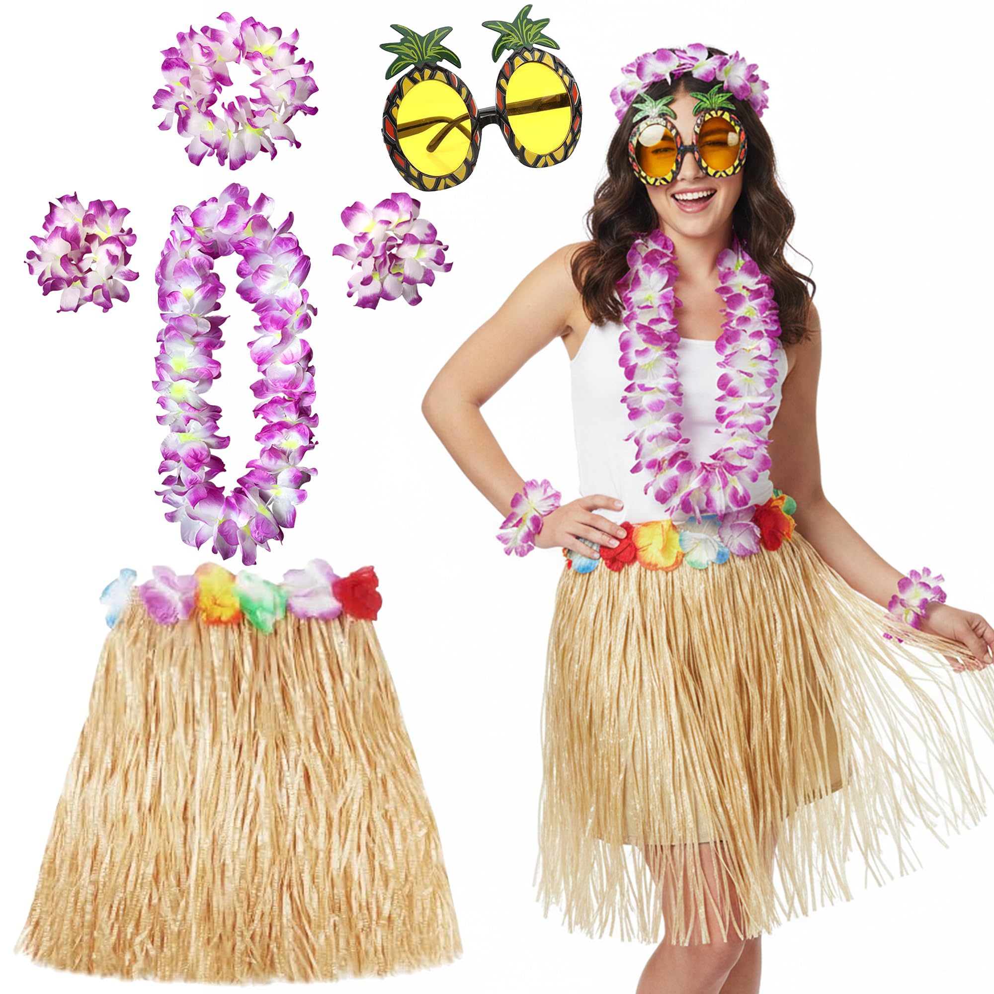 Hawaiian Flower Garlands Fancy Dress - Hawaiian Leis Flower Garland Necklace Grass Skirt Pineapple Sunglasses, Purple Flower Accessories for Luau Party and Tropical Beach Summer Celebrations