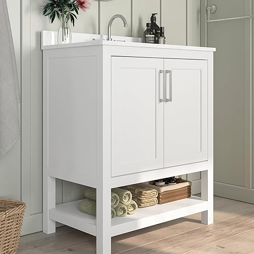 Miniatura 4 de EMMA + OLIVER Vesta - Tocador de baño de 30 pulgadas, gabinete de fregadero individual con 2 puertas de cierre suave y estante abierto, encimera con