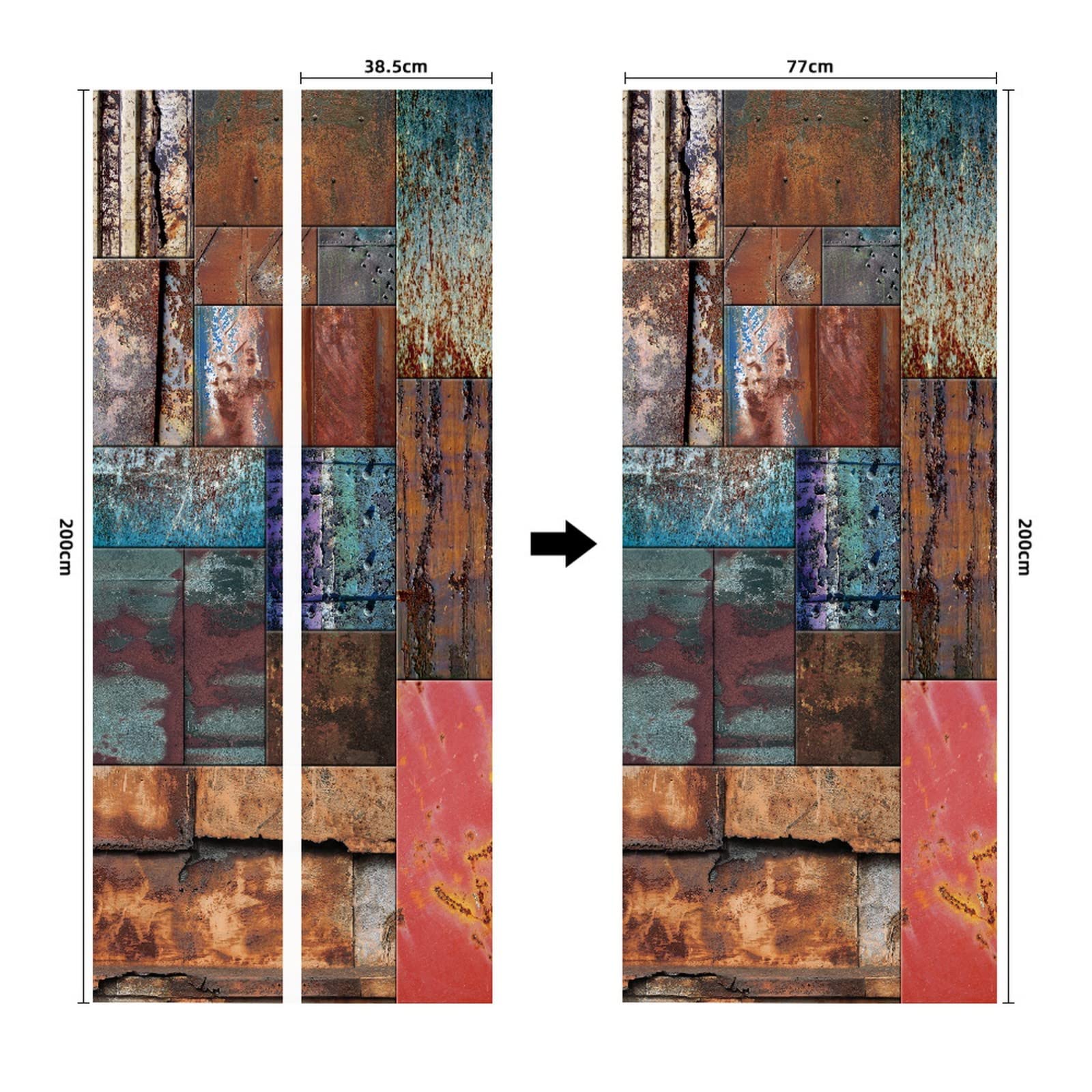 A.Monamour Adesivo Porta Autoadesiva 3D Fondo Rustico Della Parete Della Vernice Variopinta Della Porta Del Metallo Del Grunge Vinile PVC Adesivi per Porte Interne Pellicola Poster Sticker Parete