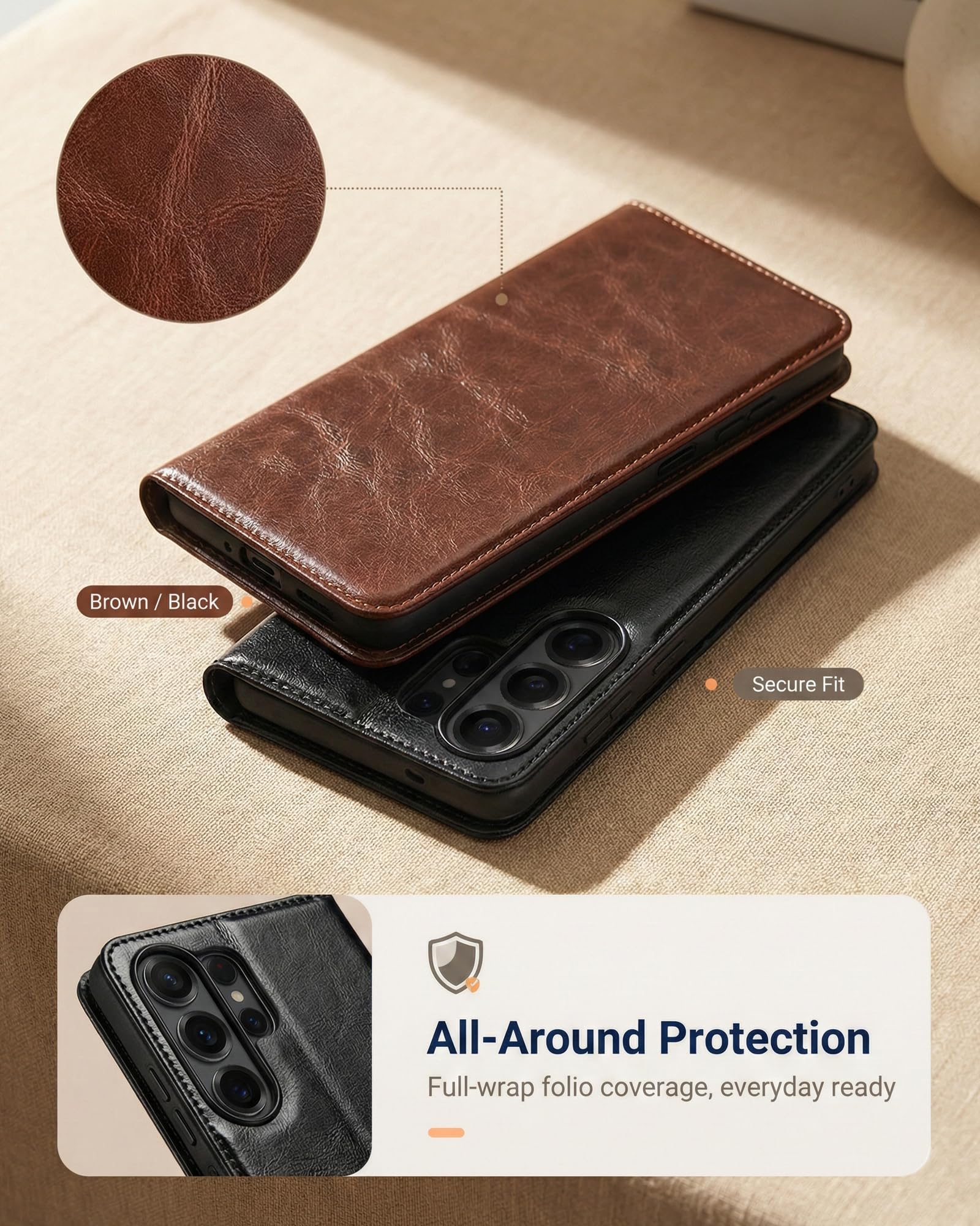 Leder-foliohülle im Business-Stil für Samsung Galaxy S26 Ultra, Brieftaschen-Klapphülle mit 3 Kartenfächern, Schlanker TPU-Handyhülle und Bequemem Griff für den Täglichen Transport, Braun
