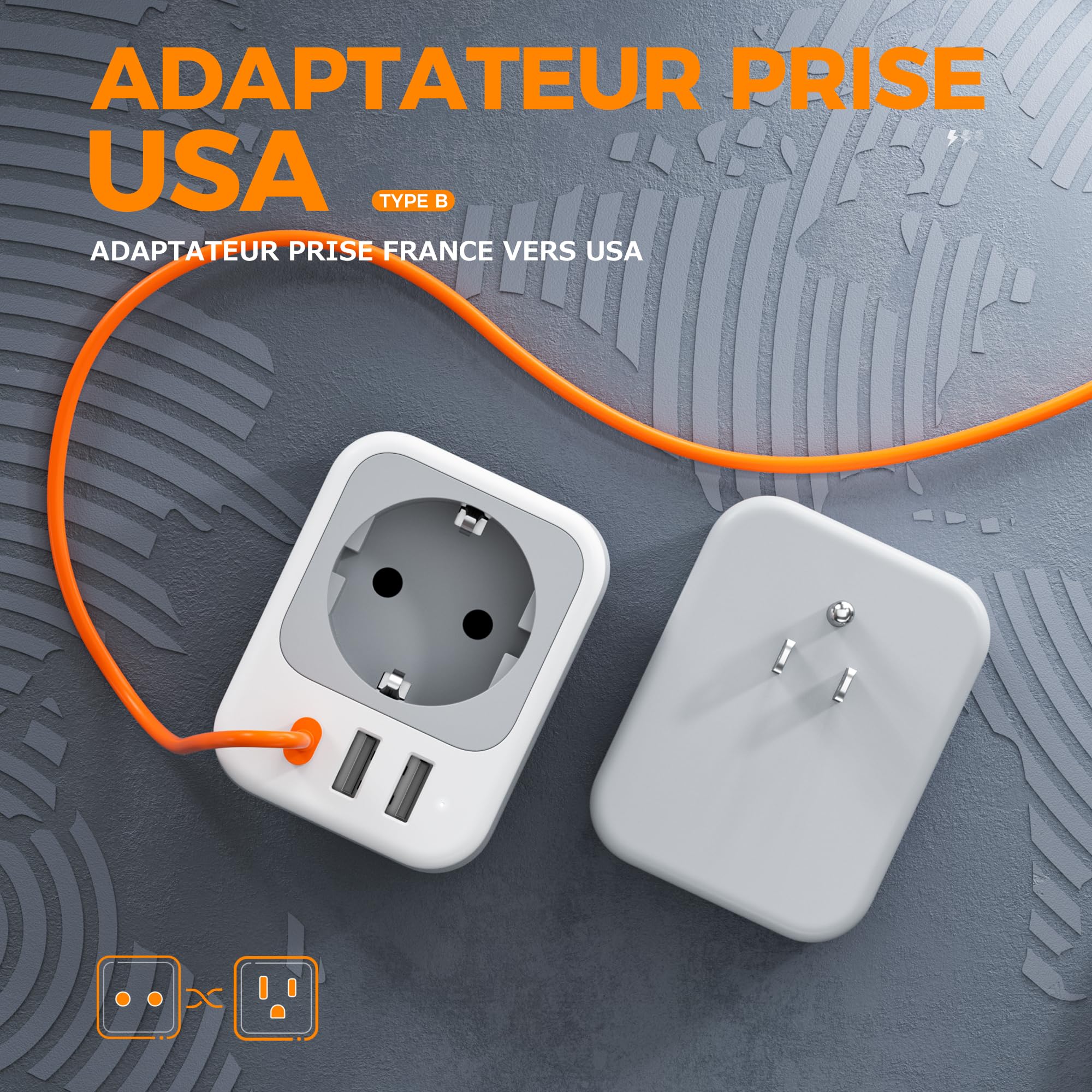 TESSAN Lot de 2 Adaptateur Prise USA, 4 en 1 Adaptateur Prise Americaine avec USB C et 2 USB A, Adapter Americaine 1875 W, Adapter France vers USA, Type B pour Thaïlande Canada Mexique
