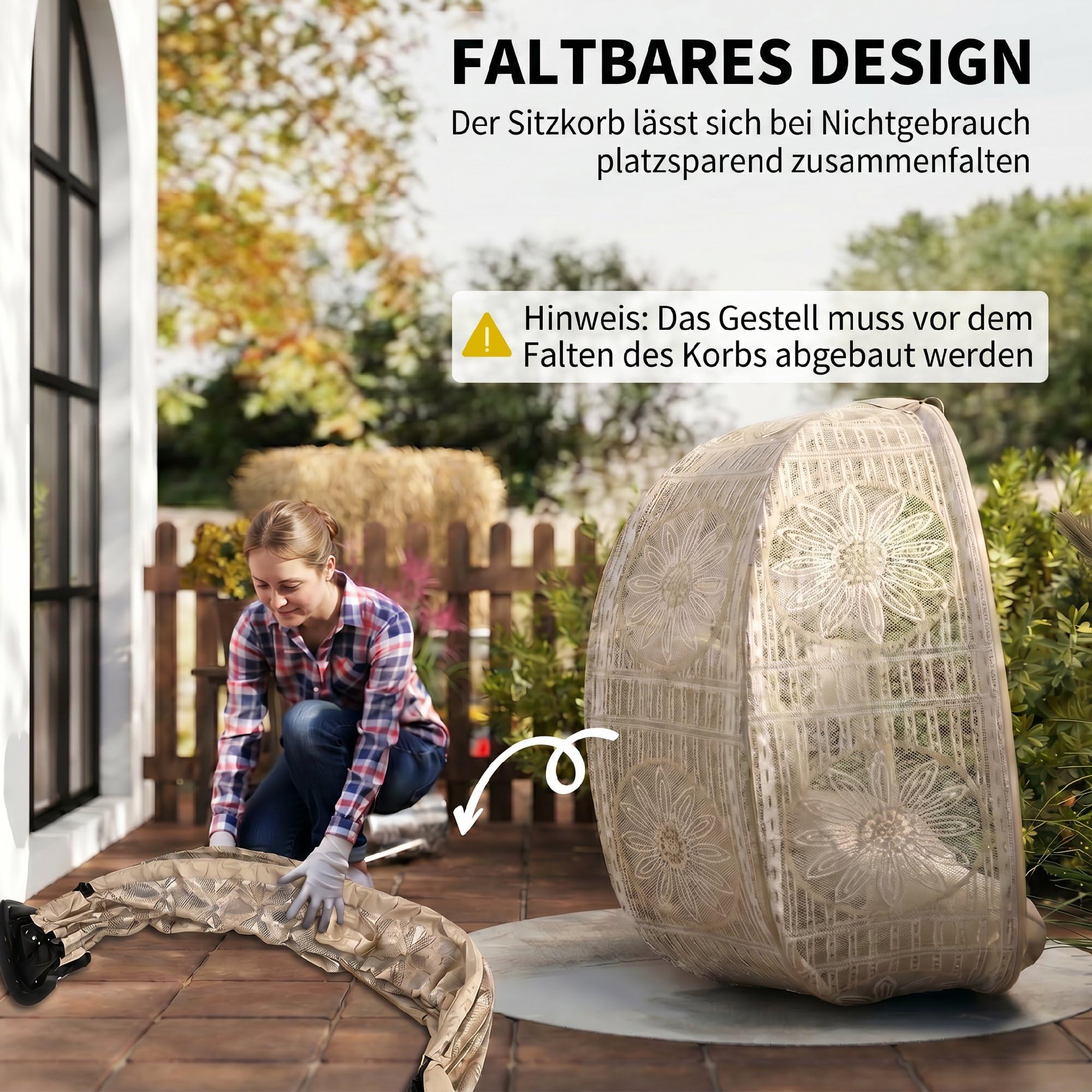 Outsunny 2-osobowy fotel papasan ogrodowy, 126x90x142 cm, piaskowy | Fotel wiklinowy ze składanym koszem, z poduszką, fotel wypoczynkowy do 240 kg, na balkon, taras