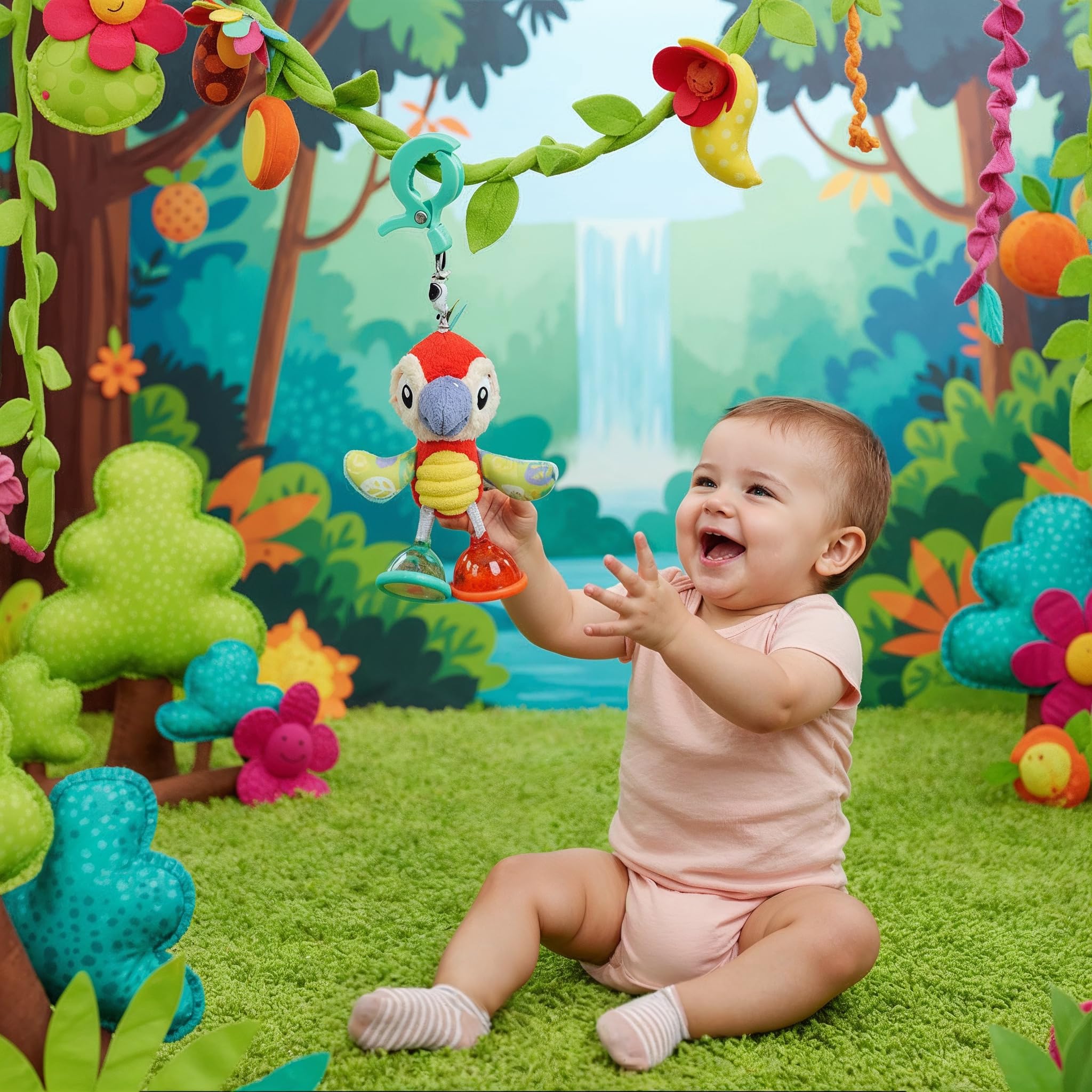 Playgro Dingly Dangly Mio Macaw Baby Toy - Interactive Sensory Development Toy, Crinkle Wings, Teether Foot - Easy Attach Clip - Infant Play Essential, Vibrant Colors