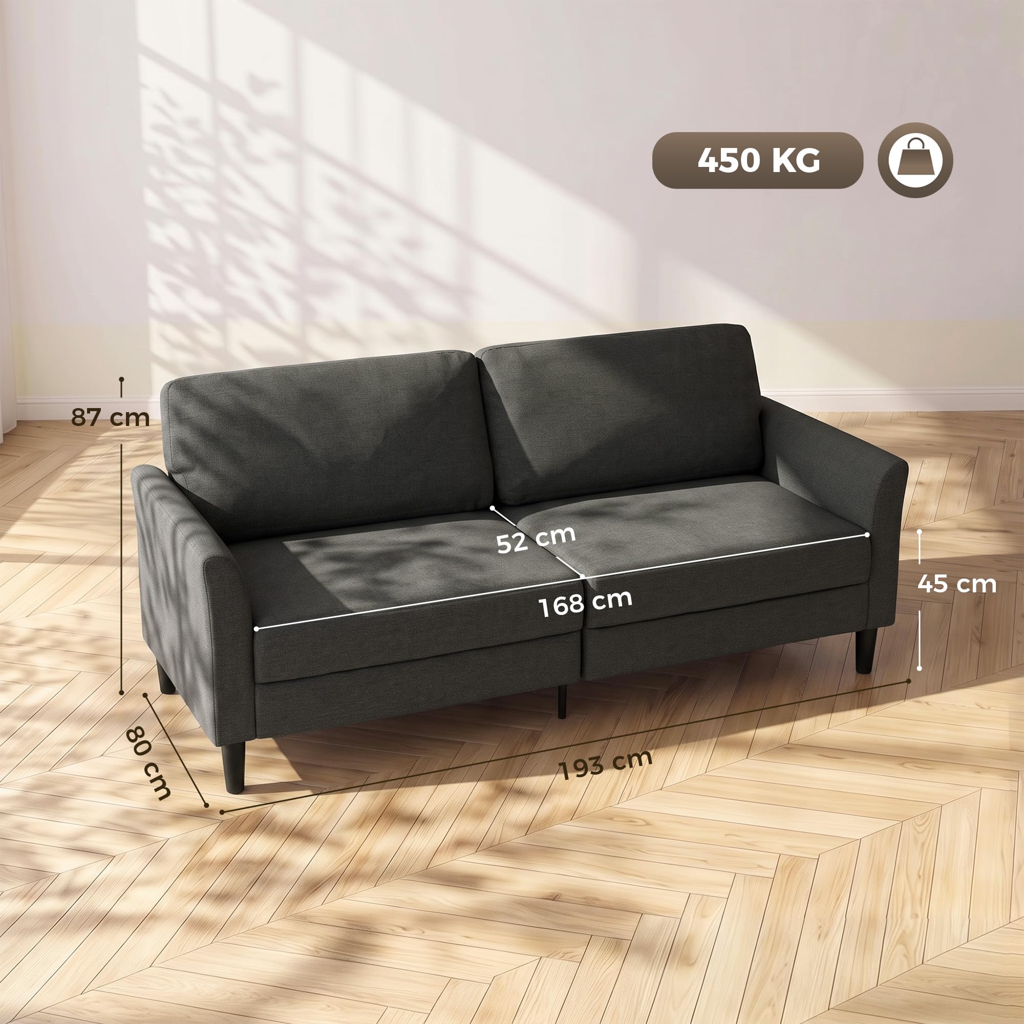 HOMCOM Divano 3 Posti Stile Contemporaneo in Tessuto Effetto Lino, Divanetto da Salotto con Braccioli e Imbottitura Spessa, Sofà con Gambe in Legno di Caucciù per Soggiorno e Ufficio, Grigio Scuro