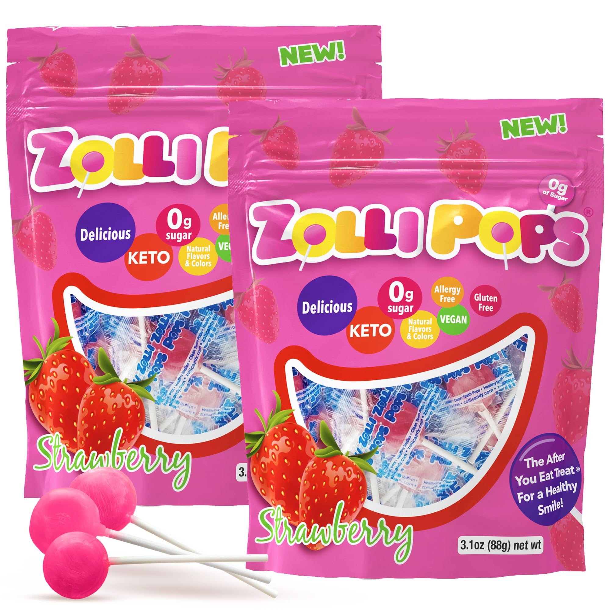 Zollipops Clean Teeth Pops Sugar Free Candy with Xylitol, Dye-Free Lollipops - Keto & Diabetic-Friendly, Dentist-Approved Treats for Kids (Strawberry 3.1 oz, Pack of 2)