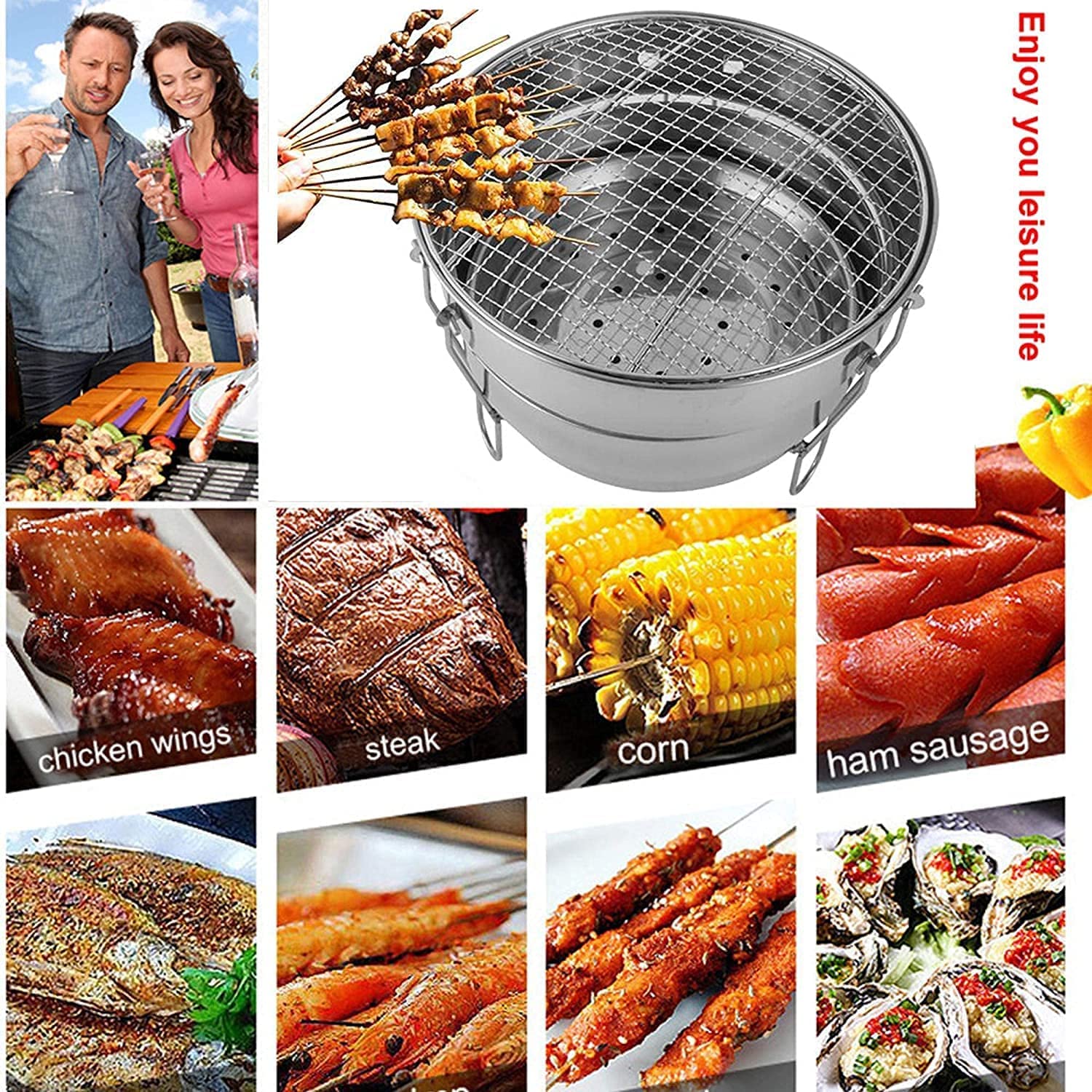 Składany okrągły grill na węgiel drzewny, grille ze stali nierdzewnej, grill kombinowany, grill dla palaczy z przenośną torbą, na piknik na świeżym powietrzu Camping Patio Garden 28 x 21.5 cm