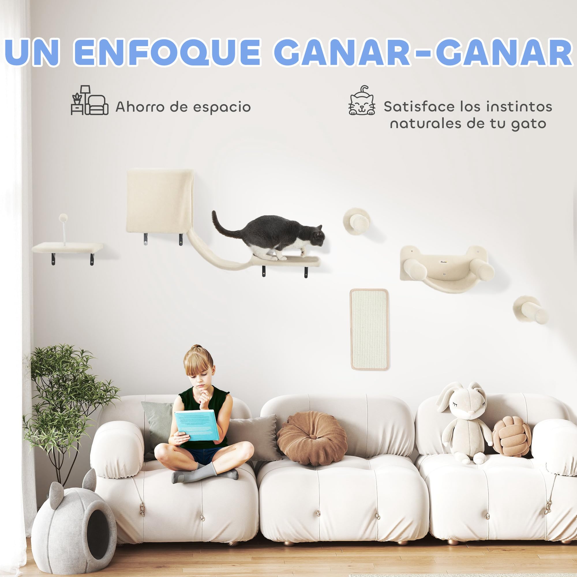PawHut Juego de Pared de Escalada para Gatos Condominio 6 Piezas Beige | Estanterías para Gatos, Plataforma, Hamaca, Escaleras, Percha, Tabla Rascador, Poste de Sisal, Bola de Juguete