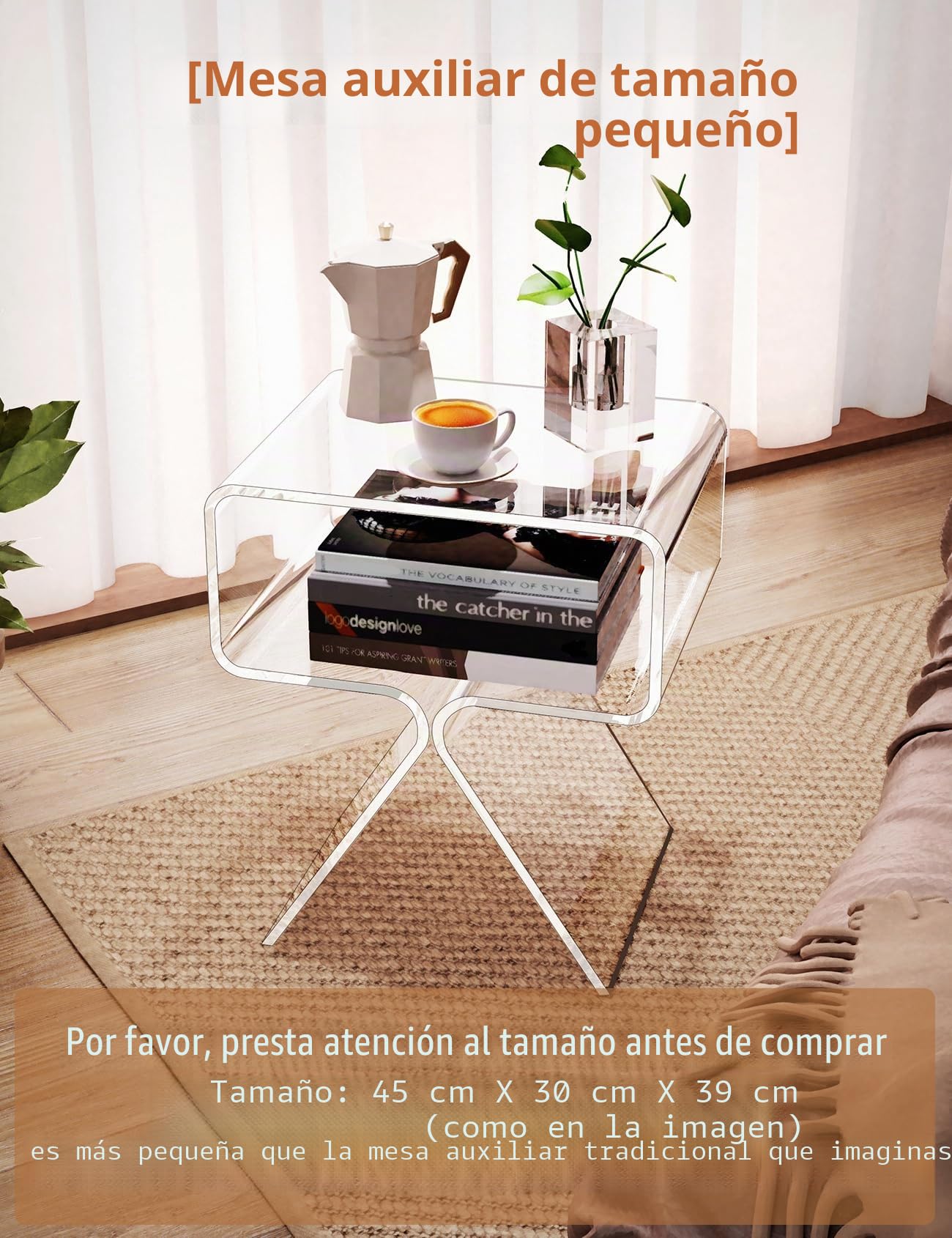 Mesa Auxiliar de Acrílico, Mesita de Noche, pequeña Transparente para Sala de Estar, Dormitorio (Claro)