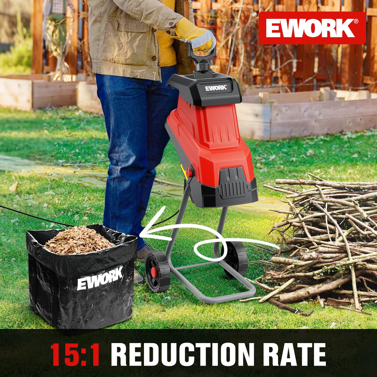 EWORK Electric Wood Chipper, 15-Amp Chipper Shredder with 1.77