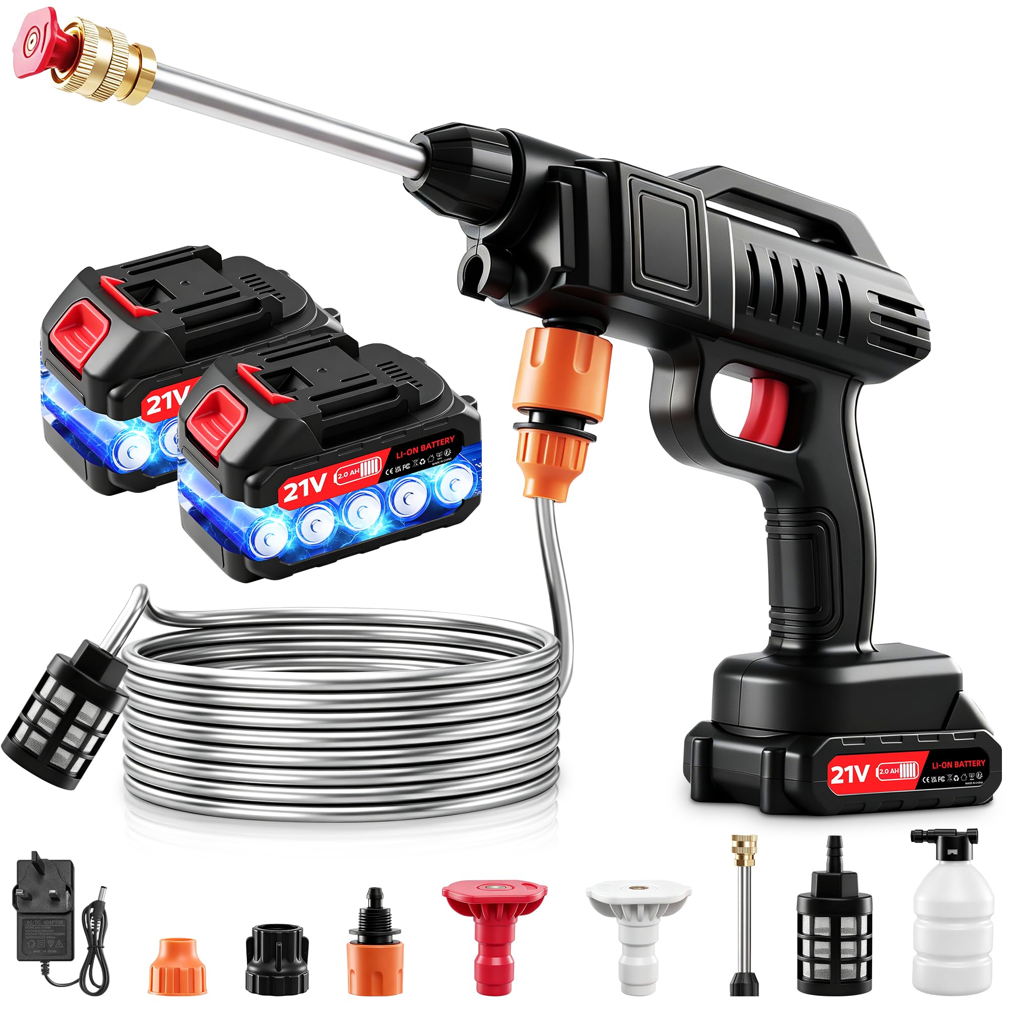 Yelyee 21V Cordless Pressure Washer, 1500W 870PSI Portable Power Washer with 2 x 2000mAh Batteries, 5M Hose, 2 Rotating Nozzles, Foam Battery, Hand Held Jet Wash for Cleaning Car Garden Patio