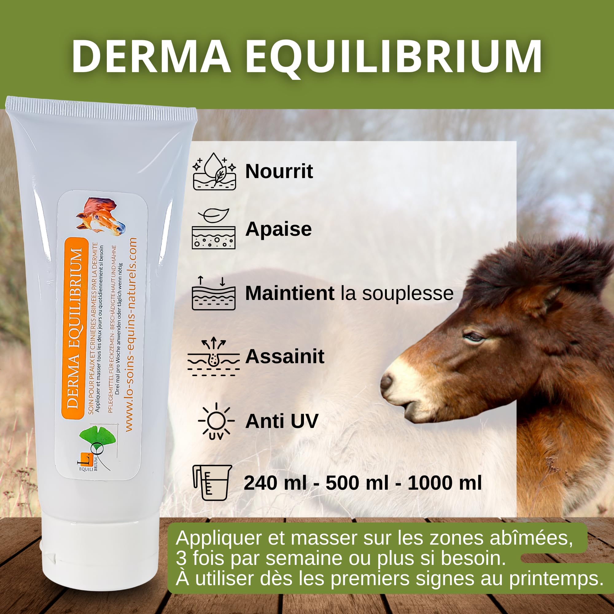 Derma Equilibrium - Soin Naturel de la dermite chez Le Cheval - Aux Plantes, Calendula, Lavande, Cade - Anti-démangeaisons (Derma Equilibrium 240mL)
