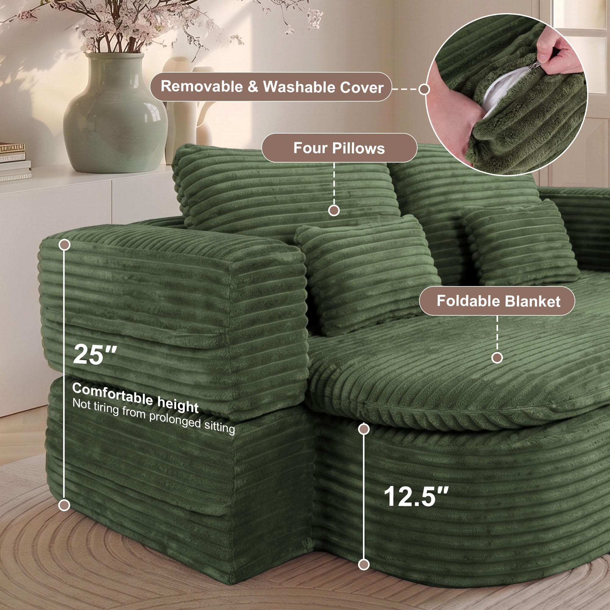 75'' Folding Sleeper Sofa Bed, Memory Foam Boneless Couch | Full Size Guest Bed Mattress, Modern 2-in-1 Floor Deep Seat Sleeper Sofa with 4 Pillows and Blanket | Corduroy Green