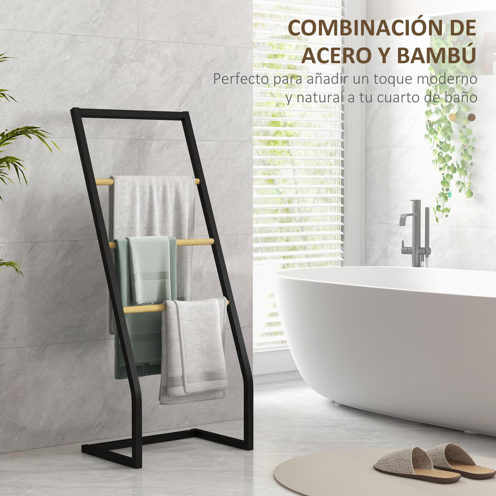 HOMCOM Toallero de Pie Toallero para Baño con 4 Barras de Bambú y Acero para Lavadero 40,5x28x98 cm Negro y Natural