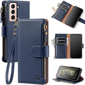 Shieldtop Compatible with Samsung Galaxy S21 Wallet Case with Card Holder,Women Men RFID Blocking PU Leather Flip Protective Cover Wrist Strap Zipper Credit Card Slots,Phone Case for S21 6.2,Blue
