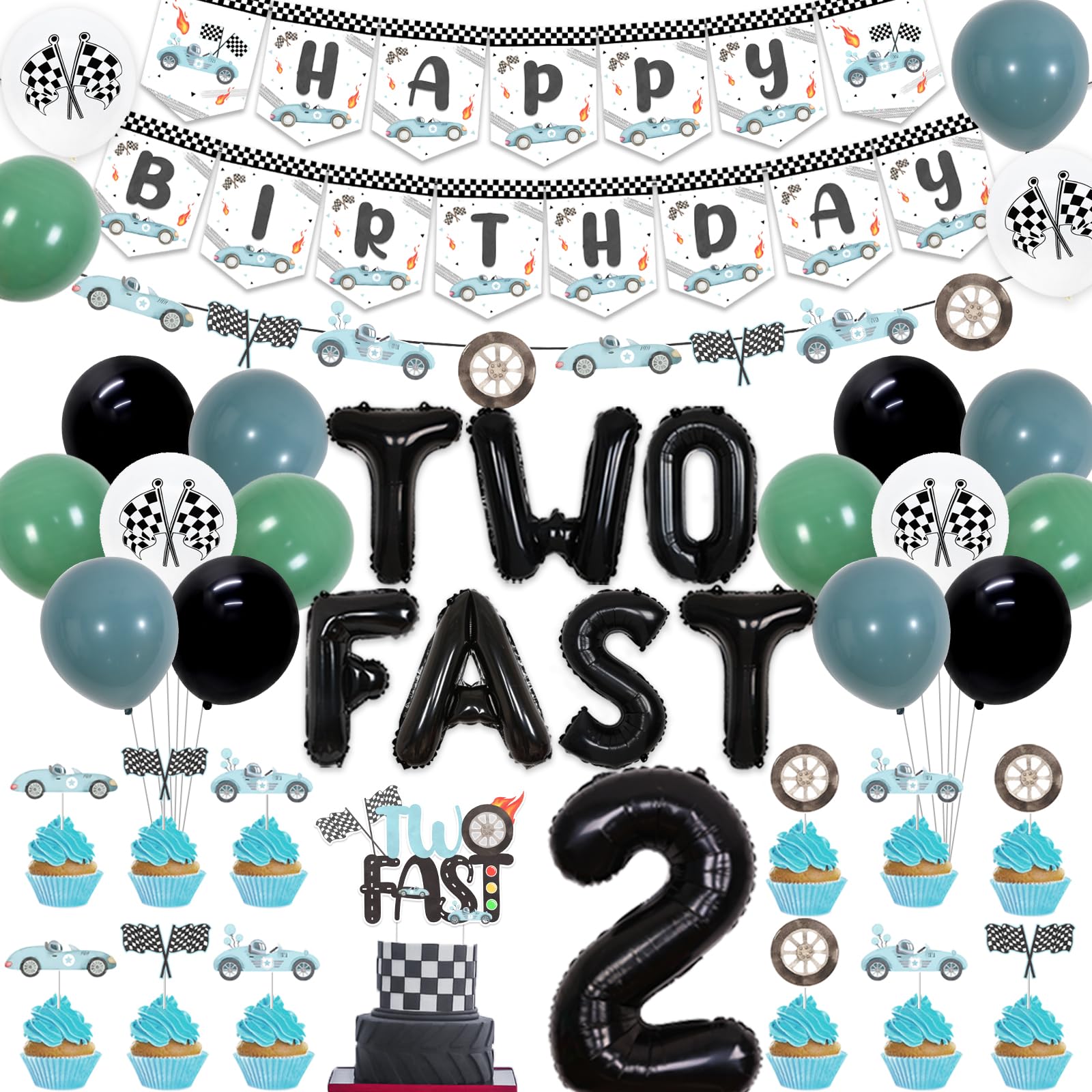 Cars Geburtstagsdeko Für 2 Jahre – 12-teiliges Set Mit Banner, Spirale, Foliennummer 2 & Tortendekoration Für Auto-Rennauto-Party