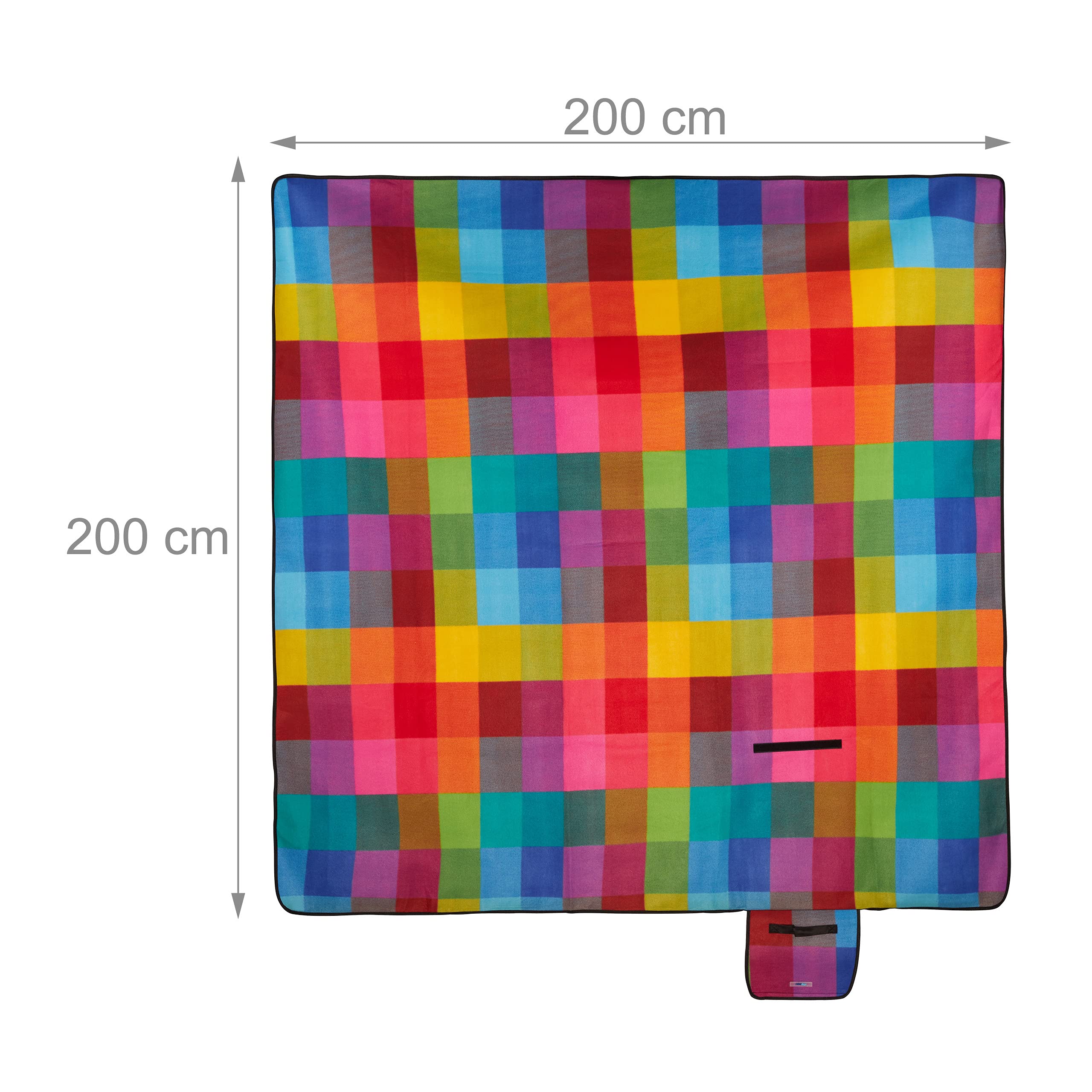 Relaxdays Picknickdecke XXL, 200 x 200 cm, Fleece Stranddecke, wärmeisoliert, wasserdicht, mit Tragegriff, bunt kariert, schwarz-rot