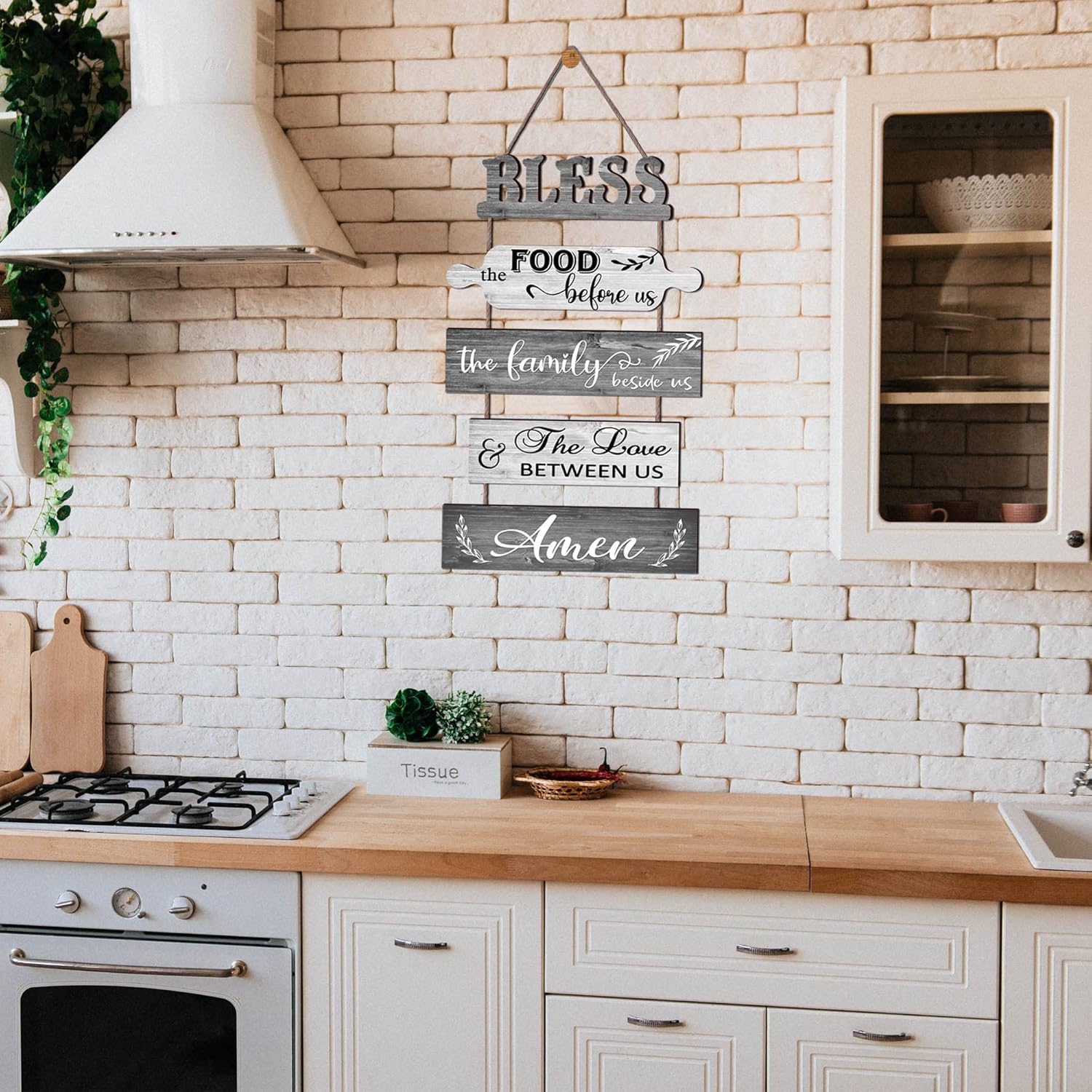 Buecasa Bless the Food Before Us Farmhouse Kitchen Wall Decor - Dining Room Decorations Collage Art in White Grey Color - Wooden Rustic 5pcs Roped Sign 13x24 Inches Vertical