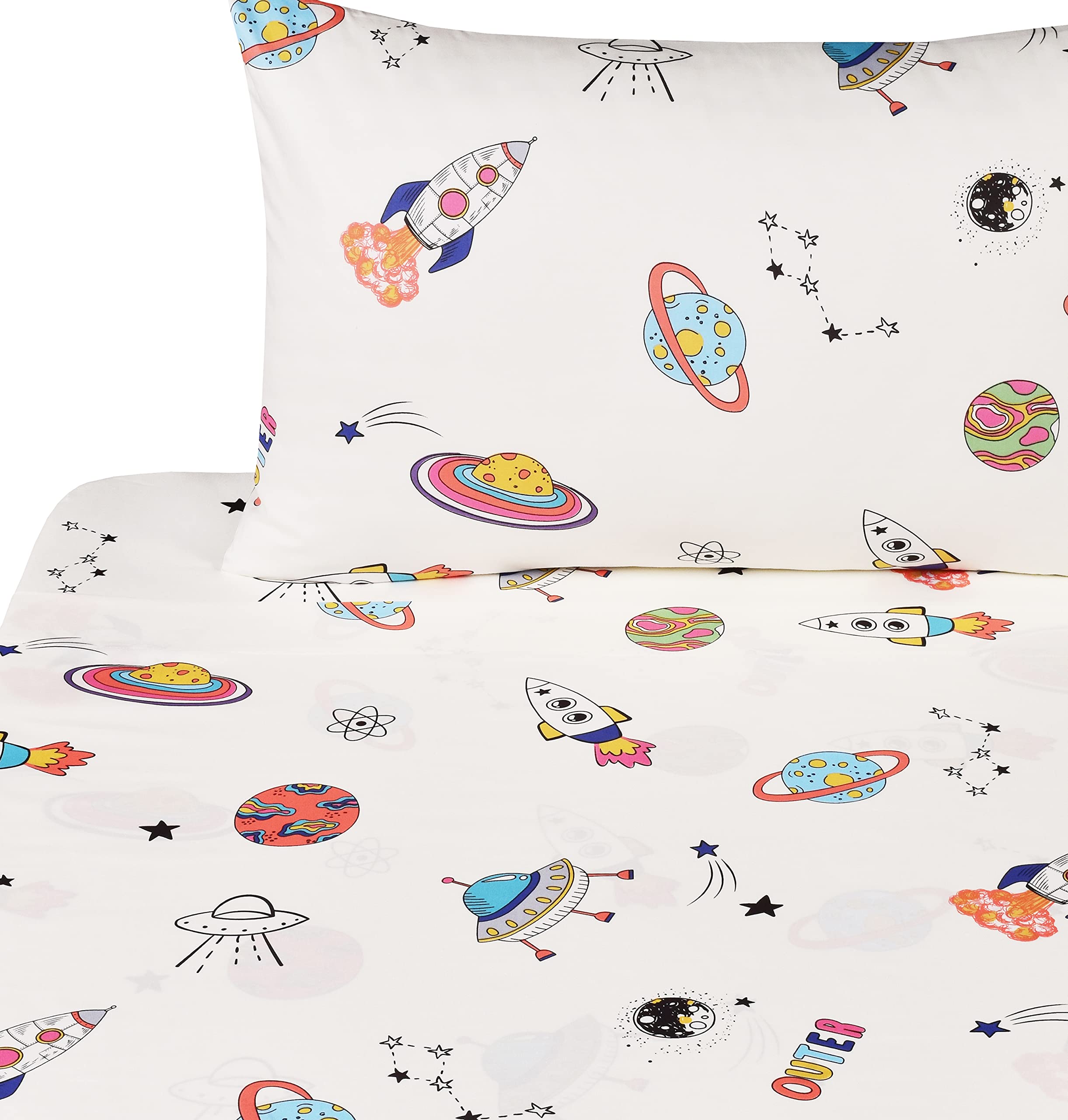 Outer Space Planet Rocket Travel Adorable Twin 100% Cotton 3 Pieces Sheet Set for Kids Girls Children Flat Sheet + Fitted Sheet + Pillowcase Bedding Decoration Gift Set