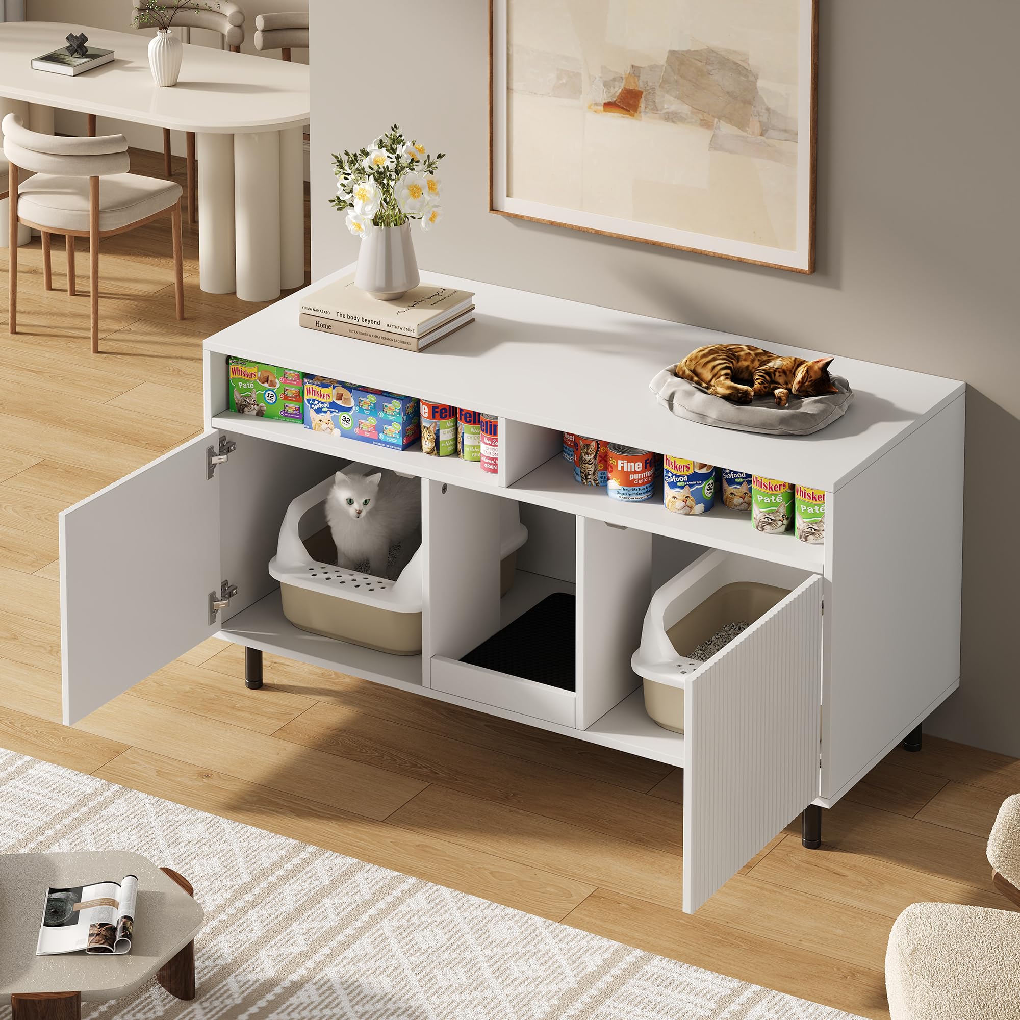 Katzentoiletten-Schrank/Katzenstreuwanne-Schrank mit Sandauffangmatte, Haustier-Schrank mit Ablage, Haustier-Sideboard/TV-Schrank, ohne Katzenstreuwanne, 120x50x66cm, Weiß