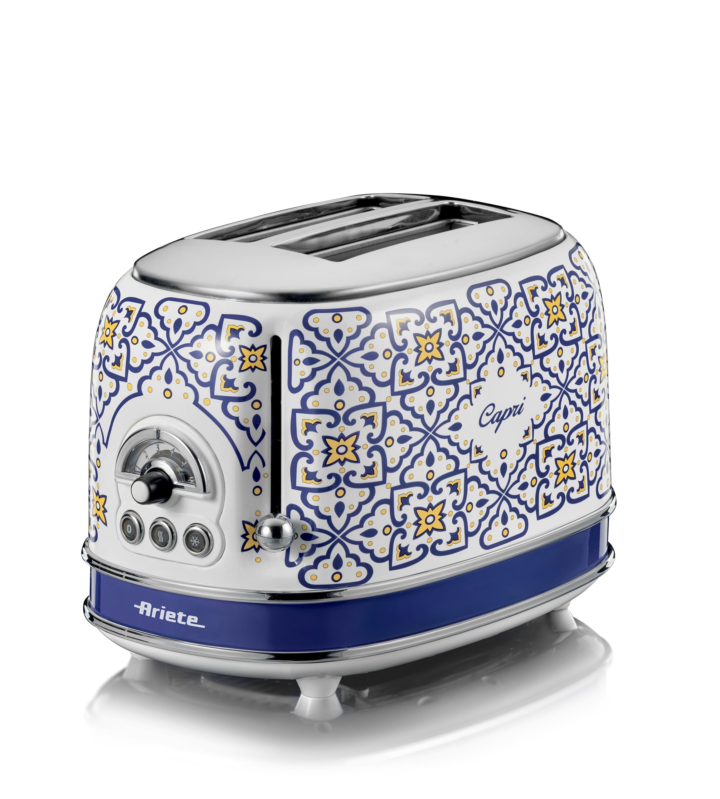 Ariete Toaster 155 Capri, Mediterranes Design, 2 Breite Schlitze, 6 Bräunungsstufen mit Automatischem Auswurf, Krümelfach, Toast-, Aufwärm- und Auftaufunktion, 810W