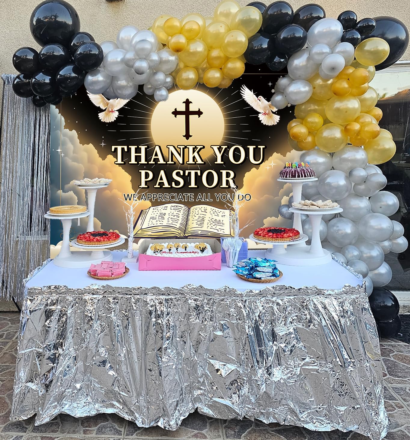 Thank You Pastor Sfondo 2,8 x 1,8 m Pastore Apprezzamento Settimana Banner Sfondo per Chiesa Nero Oro Apprezzamento Mese Pensionamento Party Decorazioni