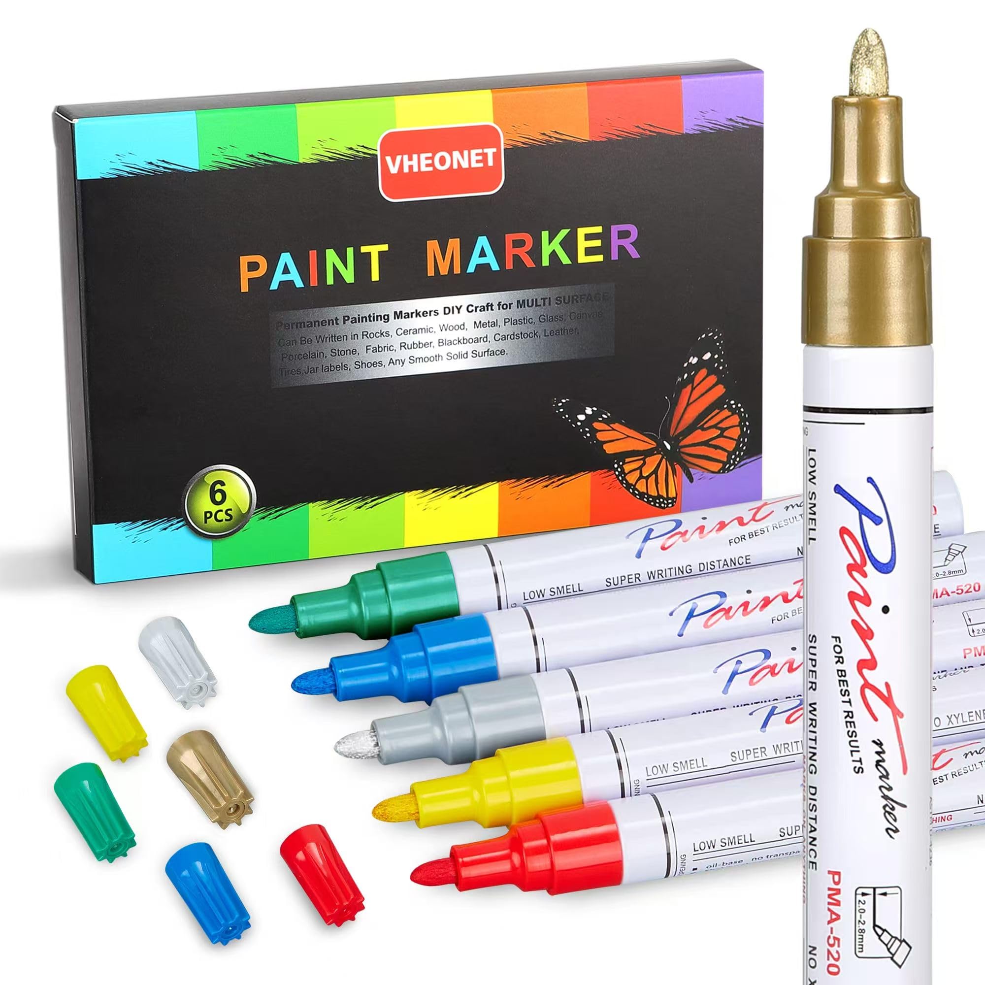 Paint markers, 6 colors oil-based waterproof quick dry permanent pen set for rocks painting, wood, fabric, plastic, canvas, glass, metal, tire, stone,