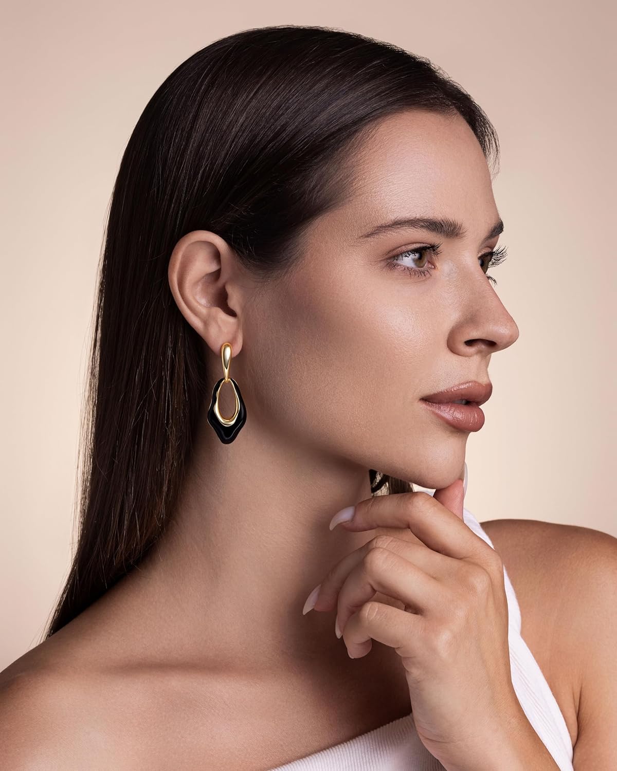 Oval Dangle Irregular 18K Gold Plated Black Enamel Resin Hoops Statement Earrings for Women by SNGIA, Bold Drop Handmade Exaggerated Trendy Bohemian Flower Jewelry Gifts, Unique Teardrop Baroque Summer Beach Floral Fashion Earrings Accessories, Vintage Nickle Free Huggies Earrings. - Image 2