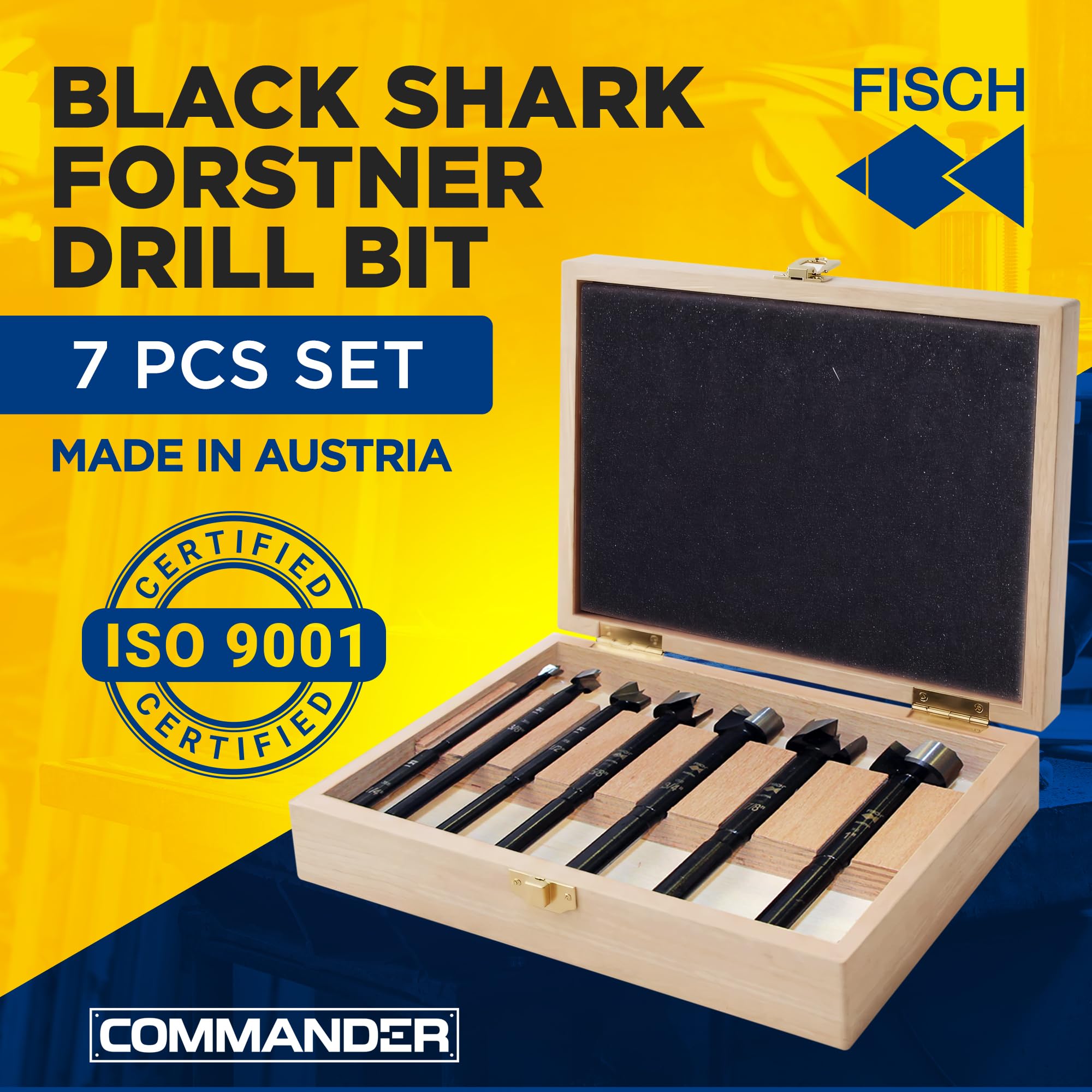 Fisch Black Shark Lot de 7 forets Forstner avec boîte en bois personnalisée avec embouts de 0,6 cm à 2,5 cm de diamètre en acier forgé de qualité supérieure fabriqué en Autriche