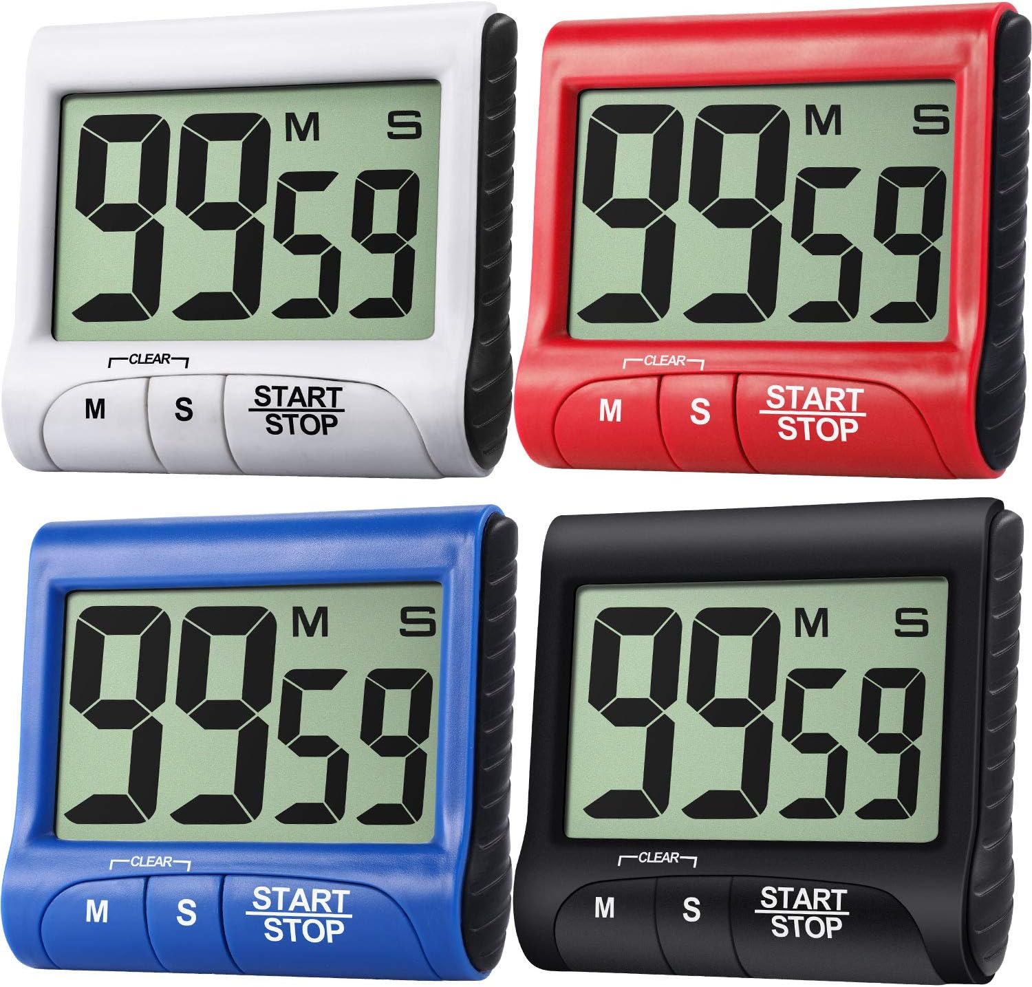 4 Pieces Digital Kitchen Timer Large Display Kitchen Timer Magnetic Electronic Countdown with Loud Alarm for Cooking Game Baking Exercise, Black, White, Red, Blue